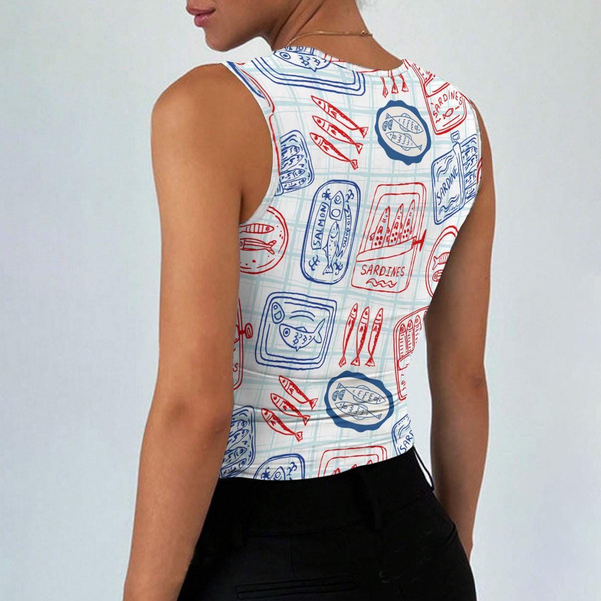 Sardine Print Crop Top, Red Blue Coastal Artwork, Quirky Seafood Shirt