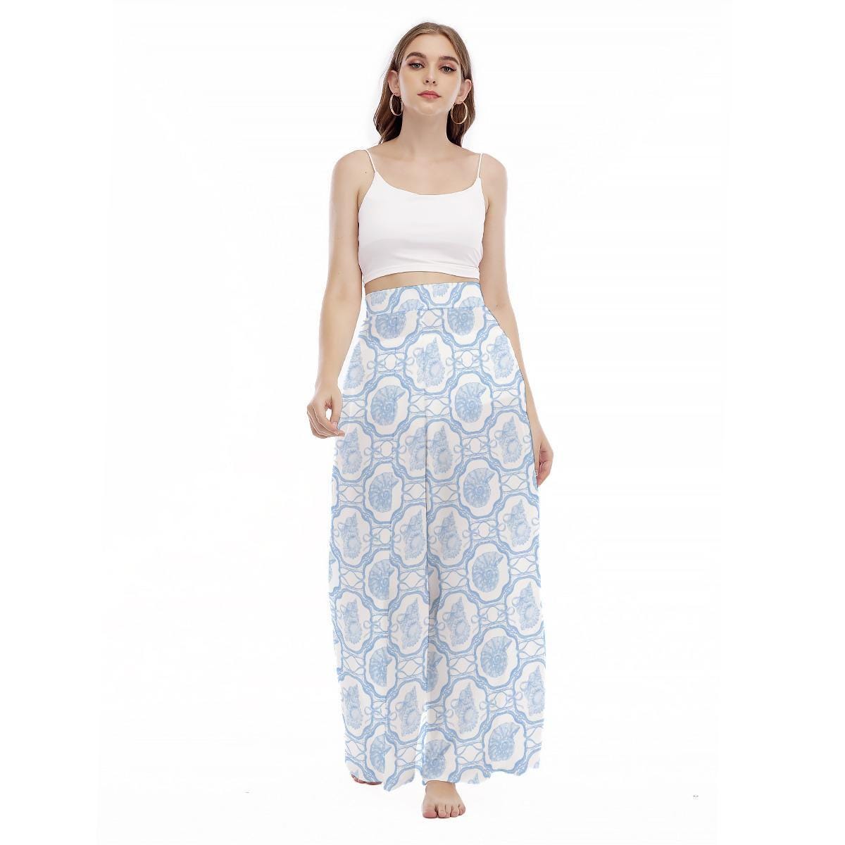 Blue Porcelain Print Wide Leg Pants, Flowy Seaside Resort Trousers