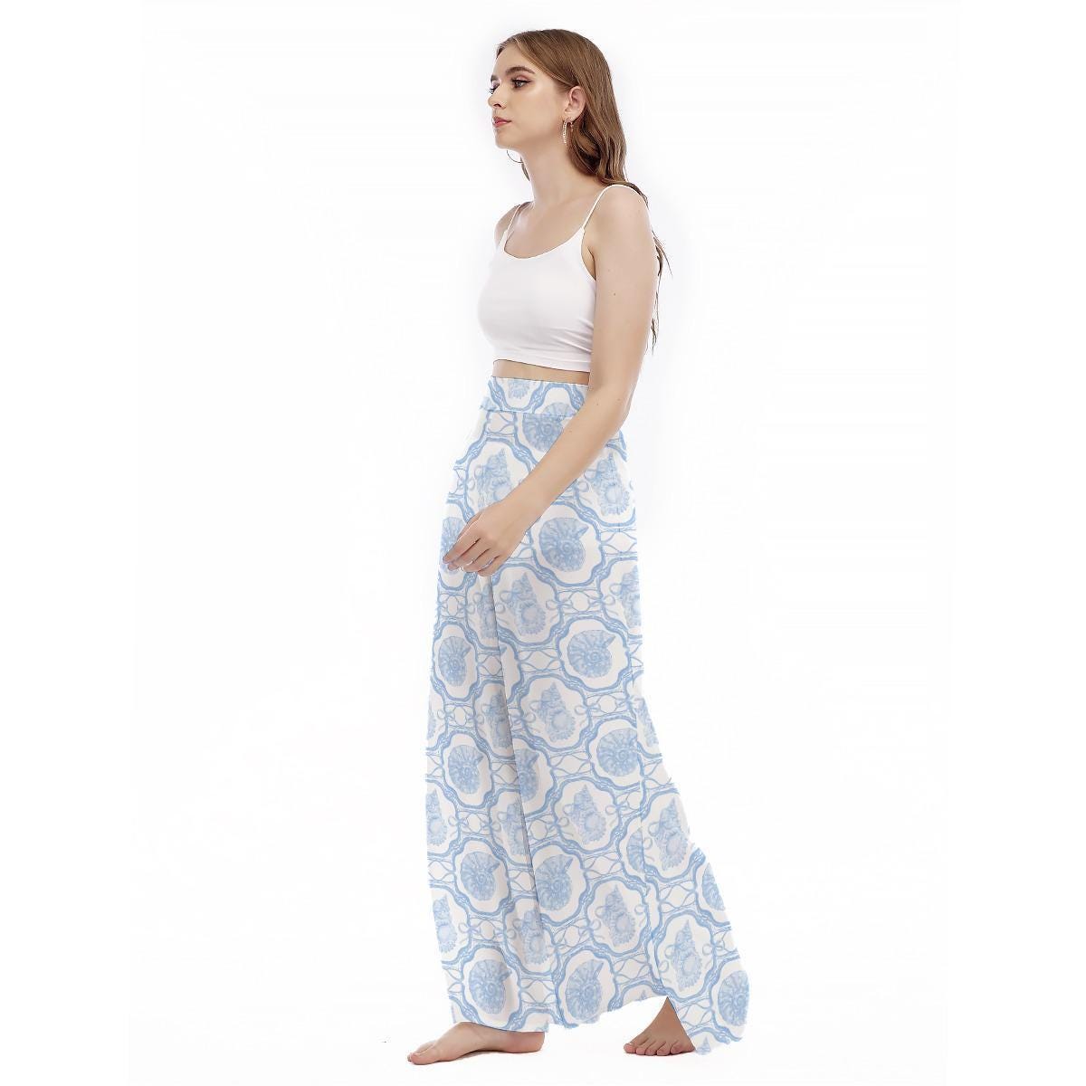 Blue Porcelain Print Wide Leg Pants, Flowy Seaside Resort Trousers