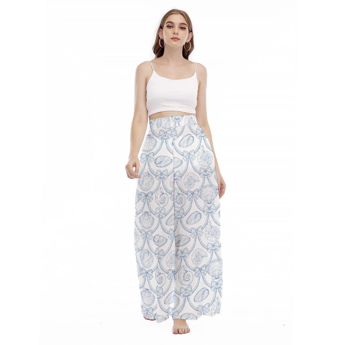 Nautical Seashell Wide Leg Pants, Blue Rope Coastal Resort Trousers
