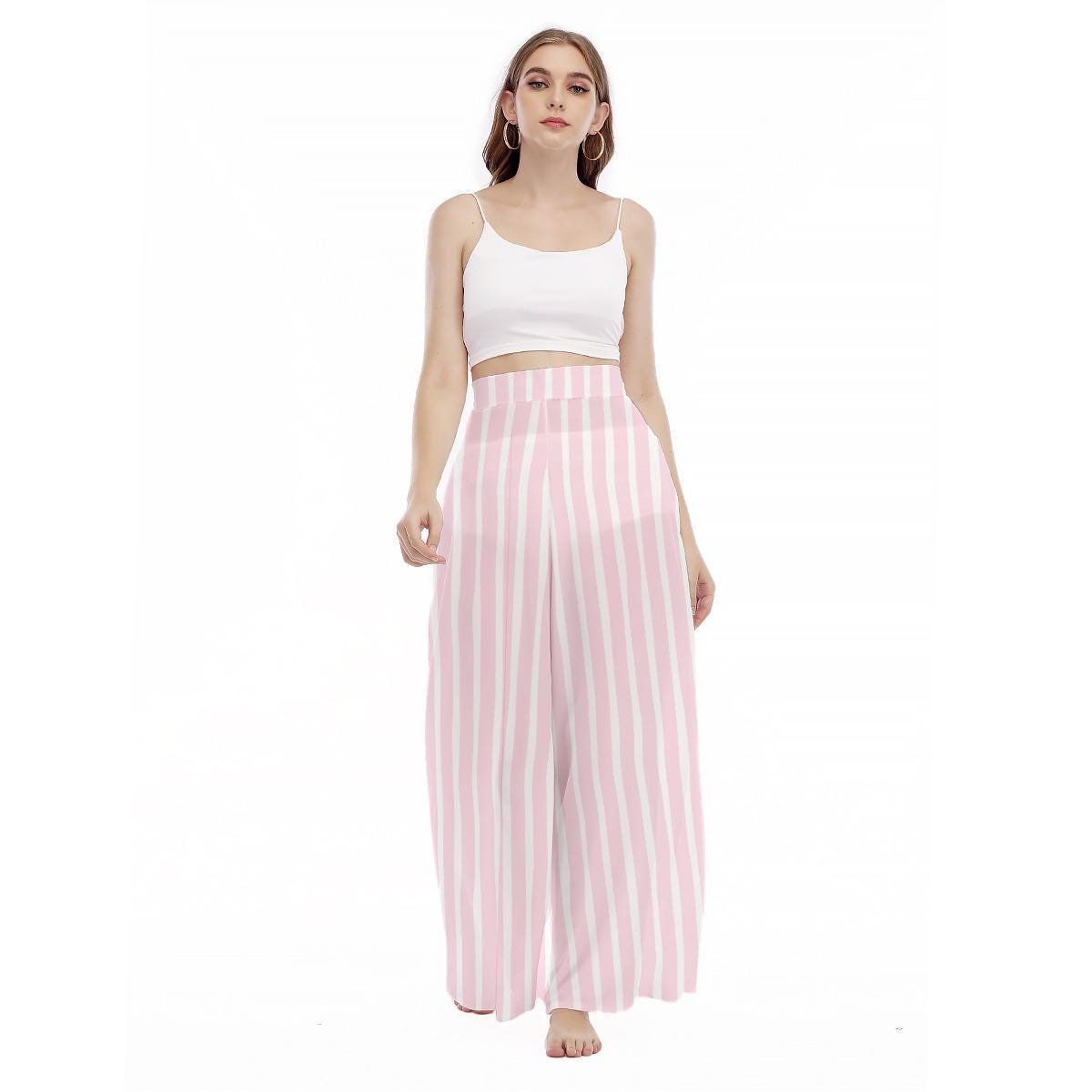 Pink Striped Wide Leg Pants, Coastal Summer Trousers, Breezy Vacation Resort Wear