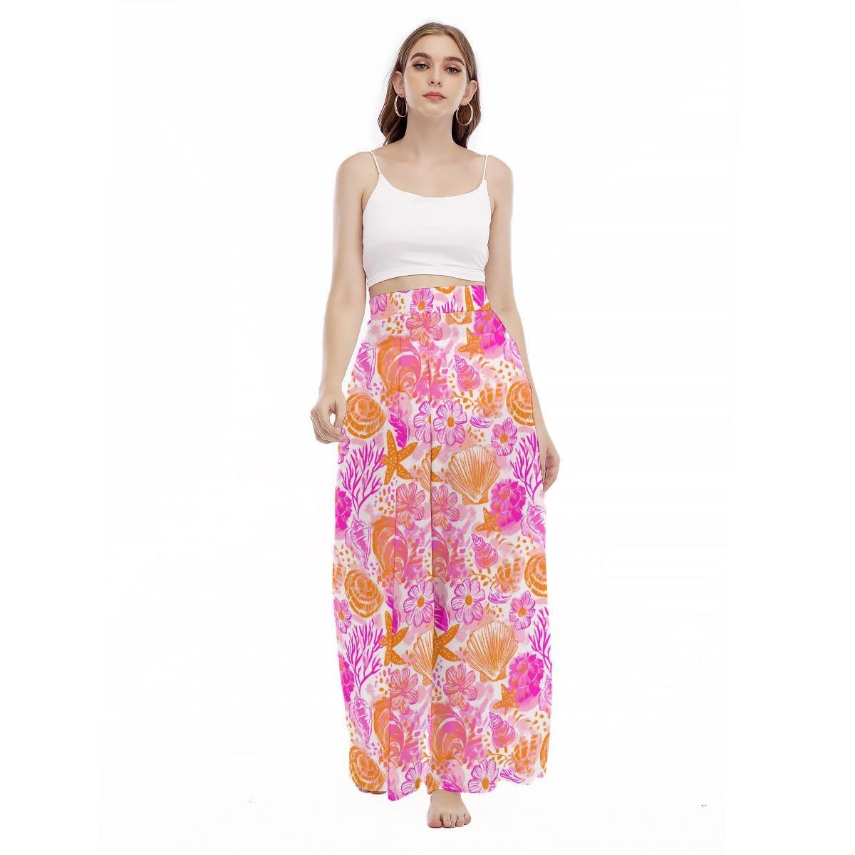 Shell Print Wide Leg Pants, Tropical Coral Starfish Resort Wear
