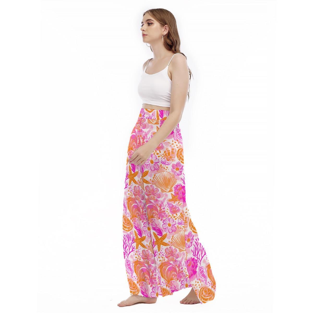 Shell Print Wide Leg Pants, Tropical Coral Starfish Resort Wear
