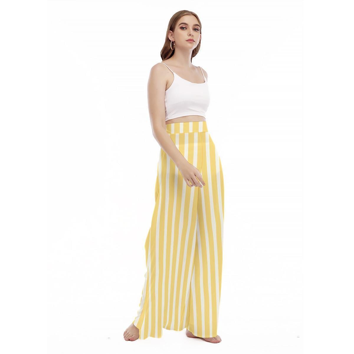 Yellow Stripe Wide Leg Pants, High Waist Resort Trousers, Coastal Summer Lounge Wear