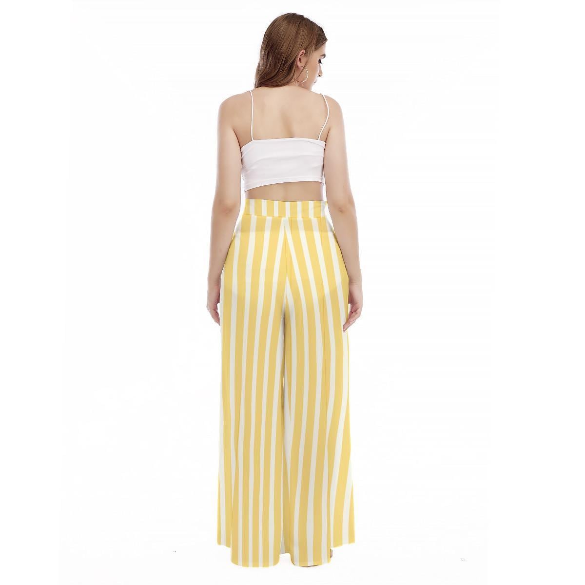 Yellow Stripe Wide Leg Pants, High Waist Resort Trousers, Coastal Summer Lounge Wear