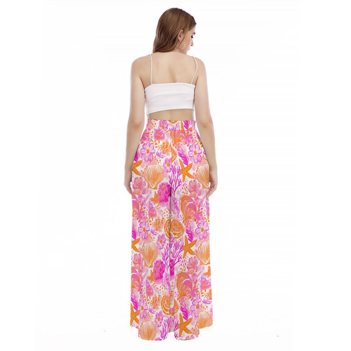 Shell Print Wide Leg Pants, Tropical Coral Starfish Resort Wear