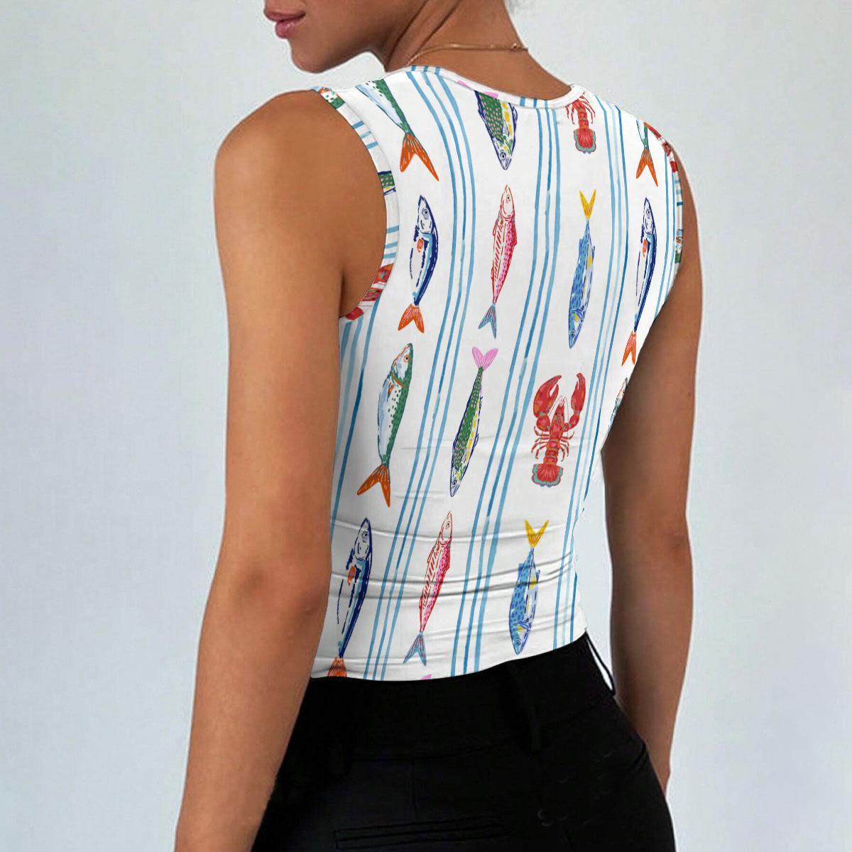 Nautical Fish Lobster Stripe Crop Top, Coastal Square Neck Summer Shirt