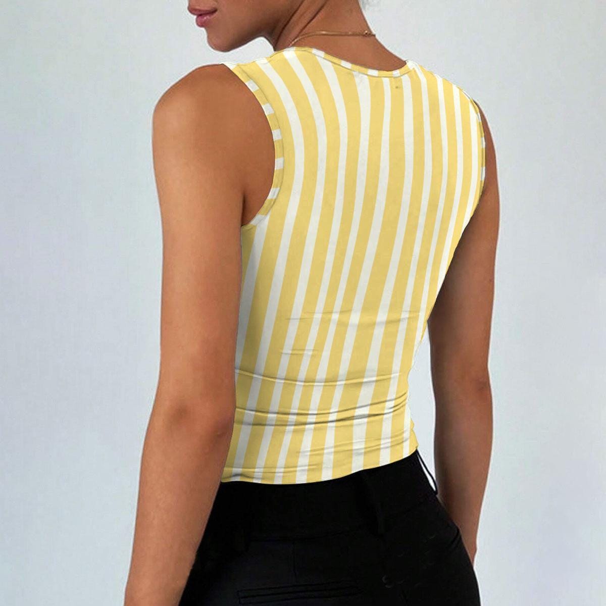 Yellow Striped Square Neck Crop Top, Retro Coastal Summer Cami