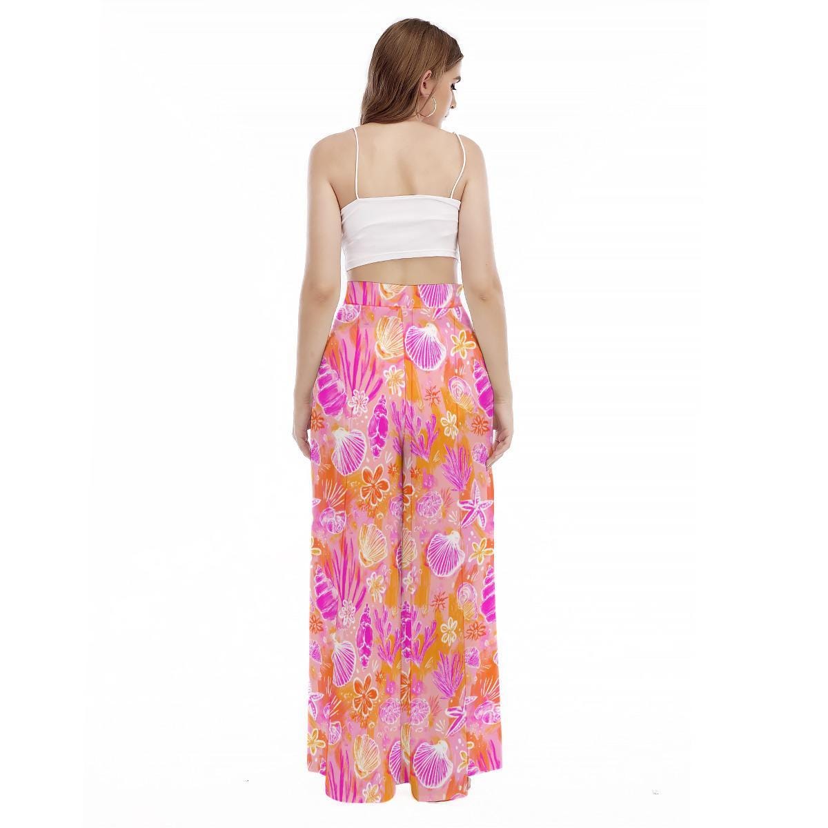 Pink Shell Wide Leg Pants, Tropical Coral Reef Beach Loungewear, Summer Vacation Bottoms