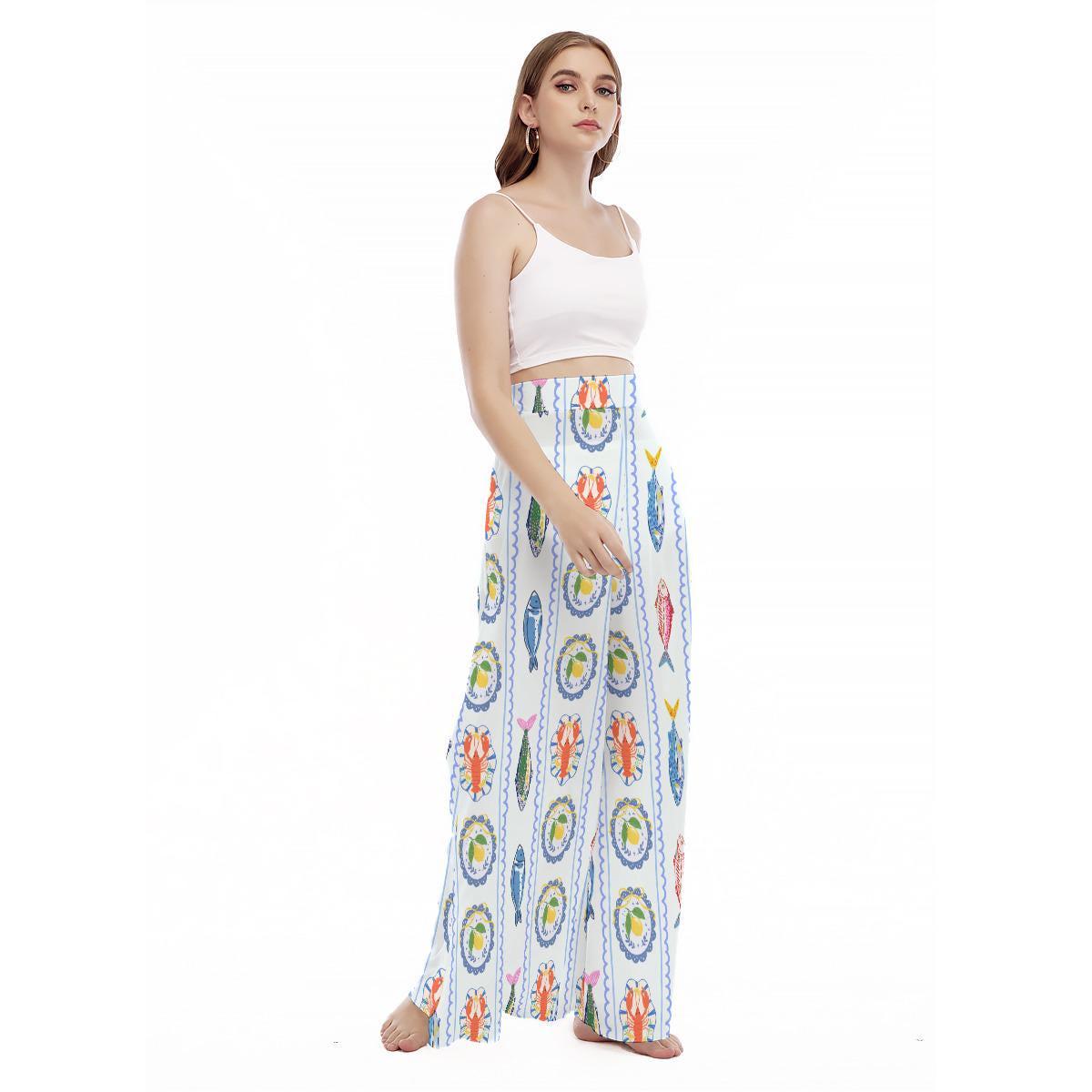 Seafood Print Wide Leg Pants, Coastal Crab Lobster Beach, High Waist Vacation Lounge Pants