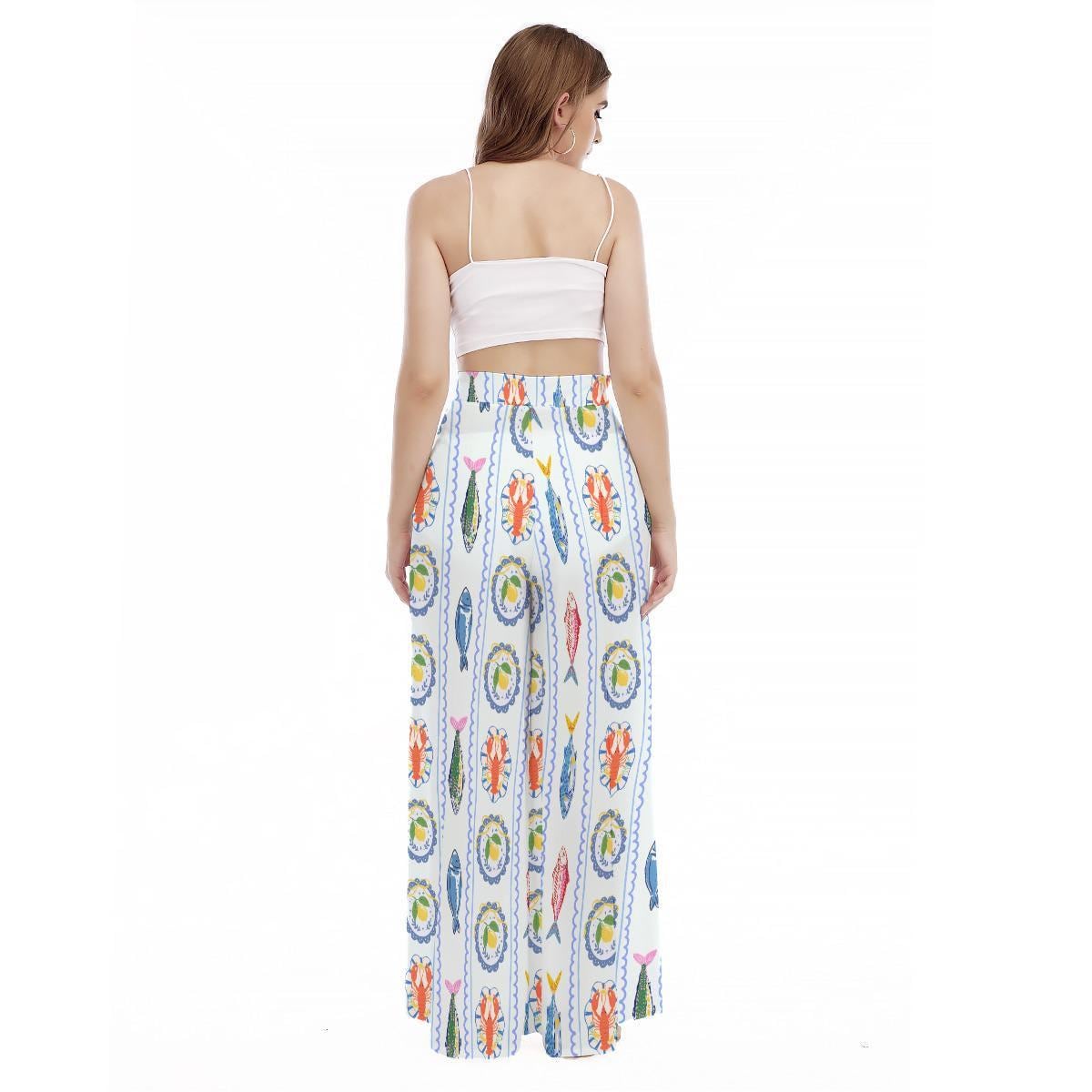 Seafood Print Wide Leg Pants, Coastal Crab Lobster Beach, High Waist Vacation Lounge Pants