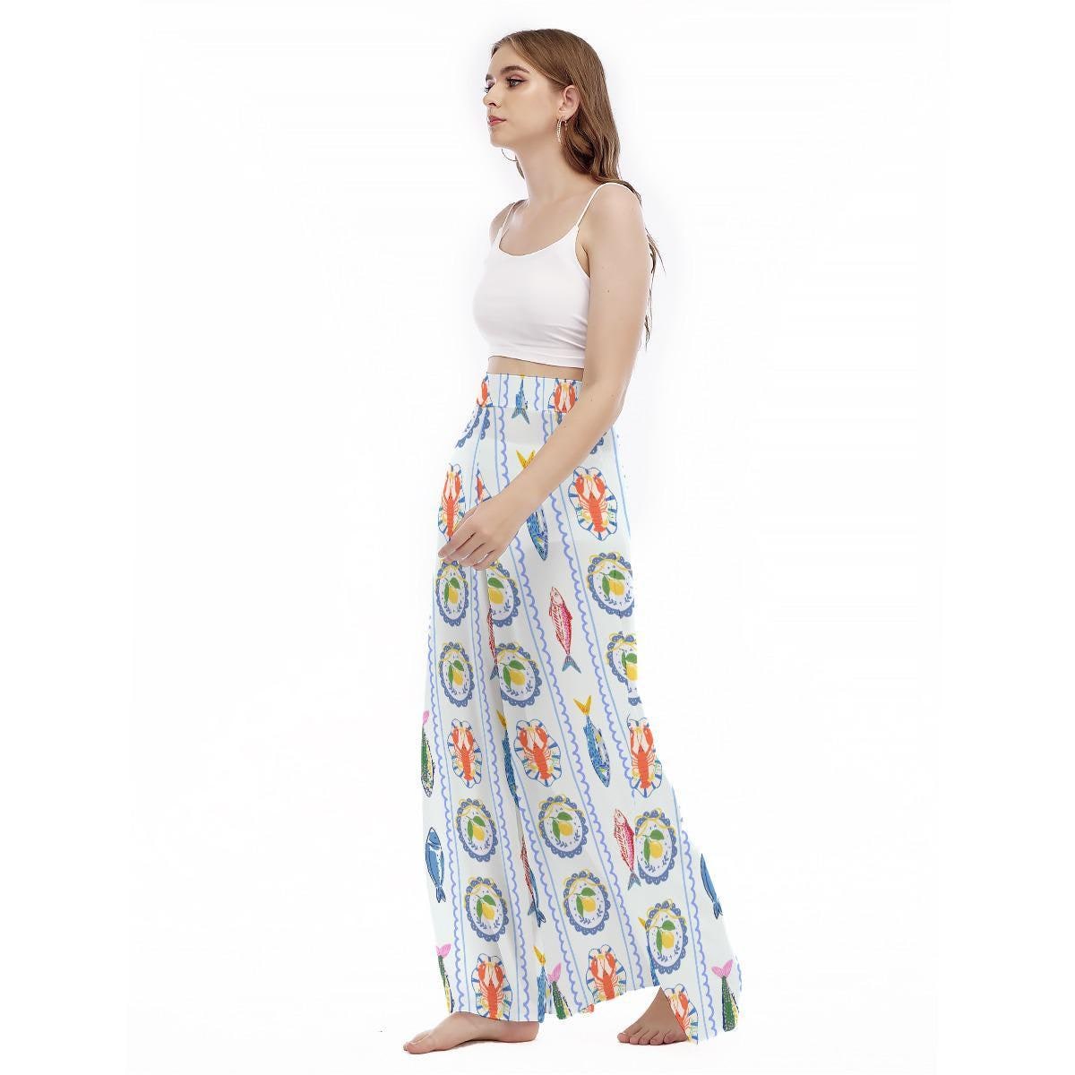 Seafood Print Wide Leg Pants, Coastal Crab Lobster Beach, High Waist Vacation Lounge Pants