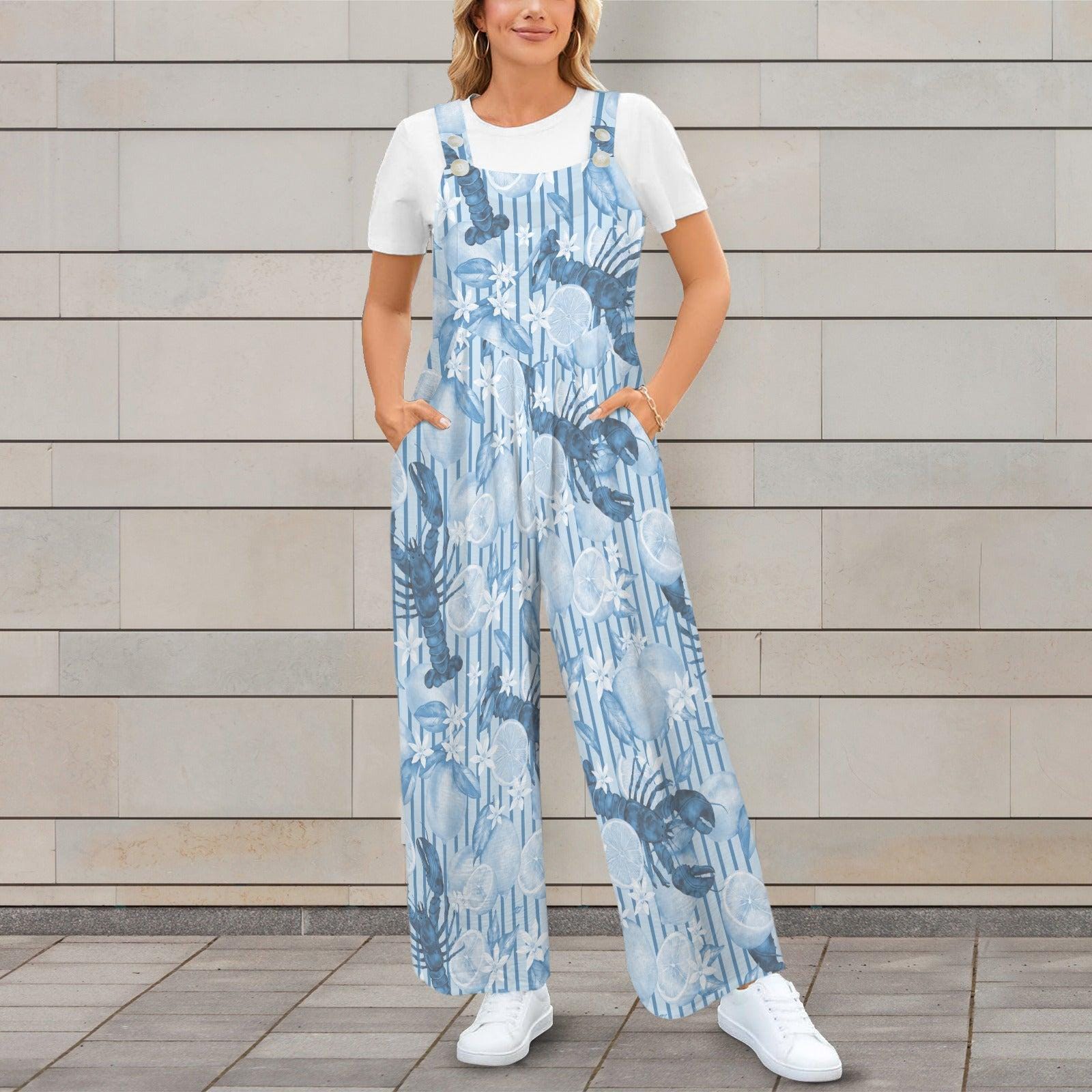 Blue Lobster Citrus Print Wide Leg Jumpsuit, Nautical Summer Romper