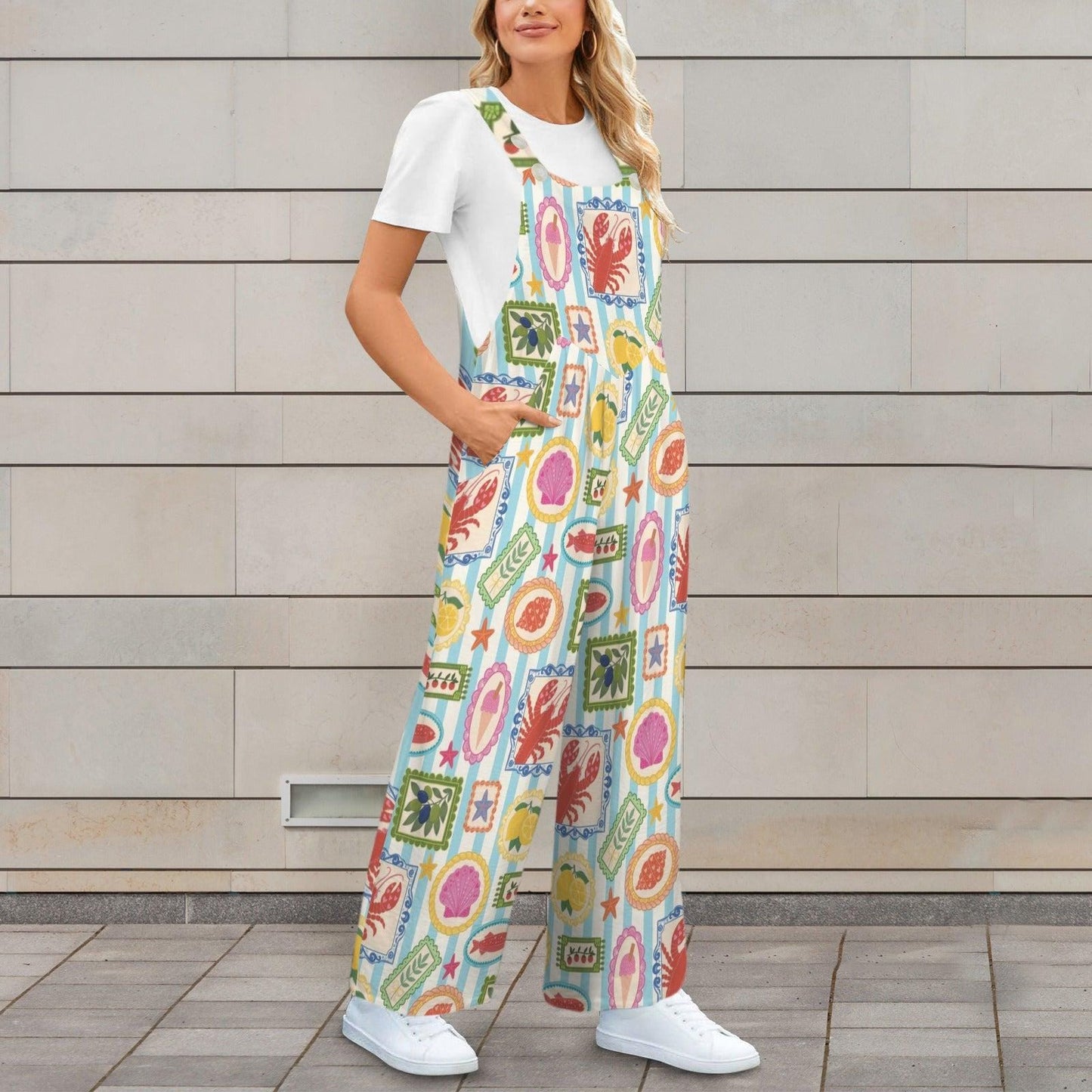 Seafood Stamp Wide Leg Jumpsuit, Colorful Coastal Vacation Romper, Lobster Lemon Shell Print