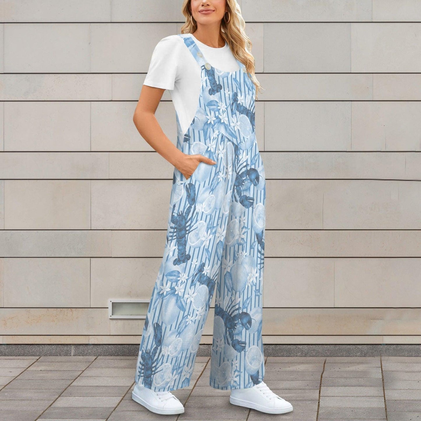 Blue Lobster Citrus Print Wide Leg Jumpsuit, Nautical Summer Romper