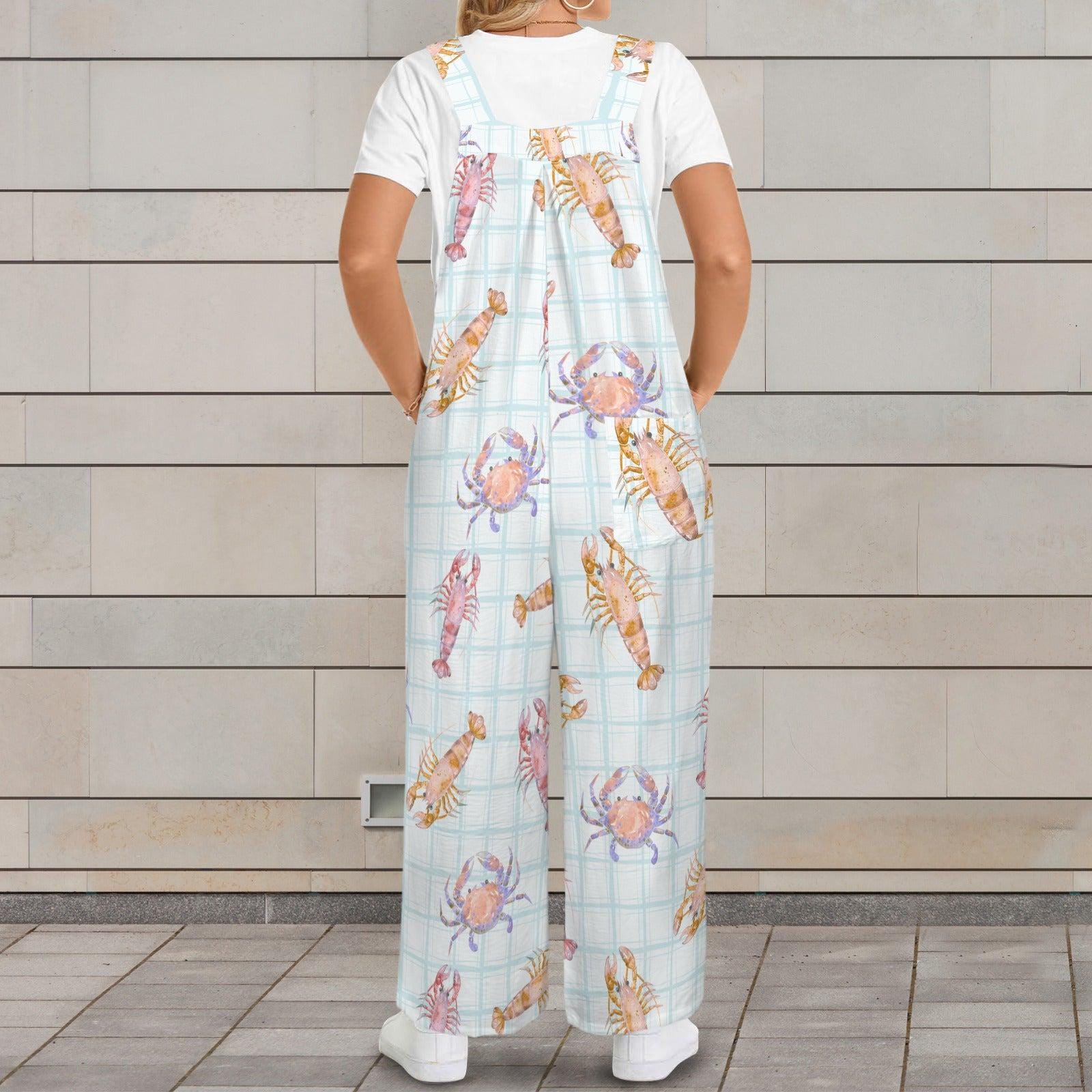 Crab Lobster Overalls, Pastel Seafood Plaid Wide Leg Romper