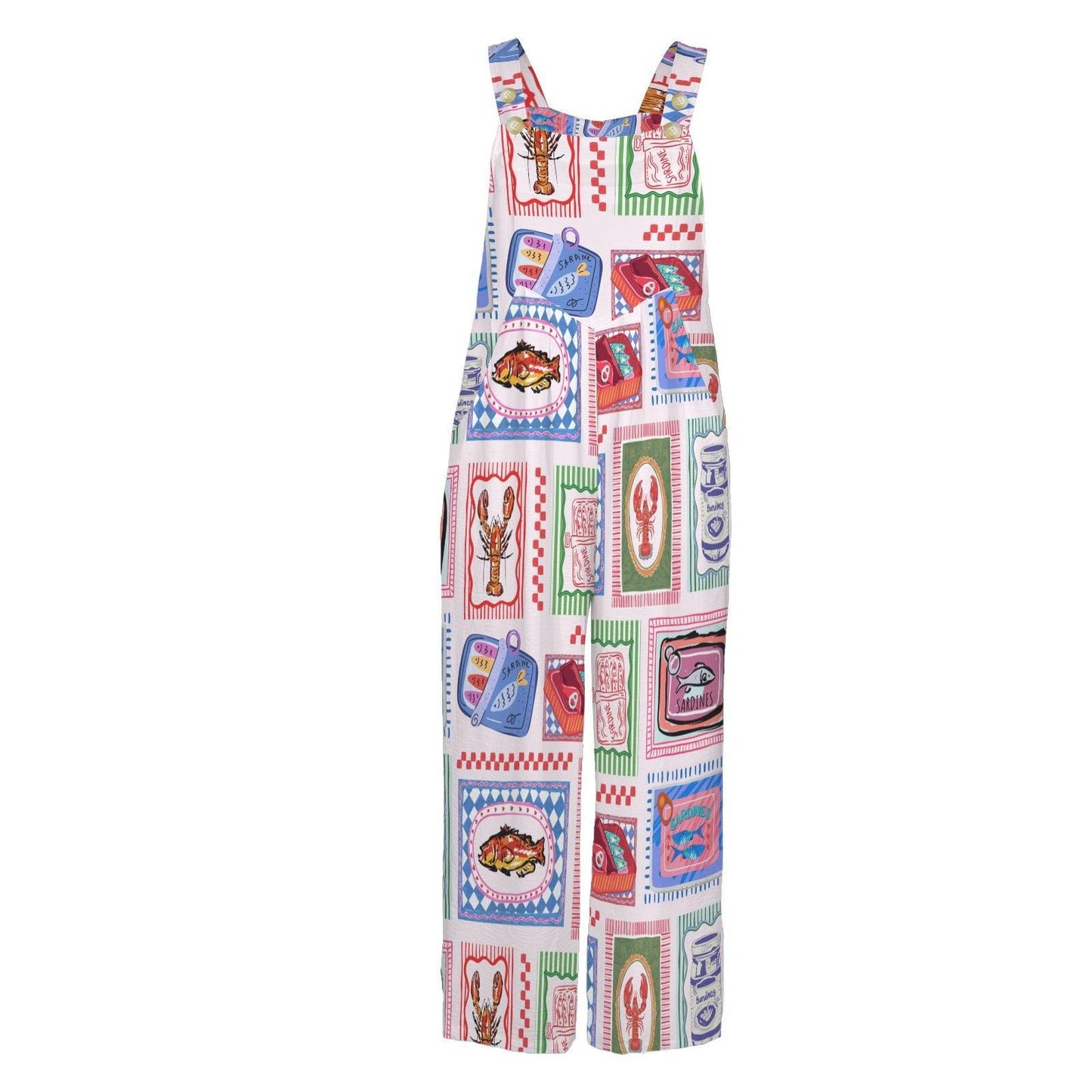 Sardine Tin Jumpsuit, Lobster Fish Print Wide Leg Overalls, Coastal Maximalist Clothing