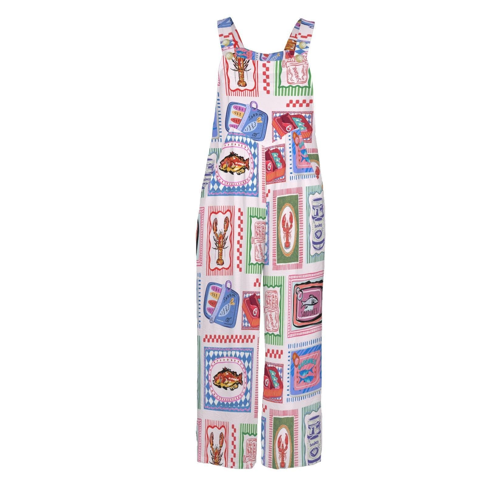 Sardine Tin Jumpsuit, Lobster Fish Print Wide Leg Overalls, Coastal Maximalist Clothing