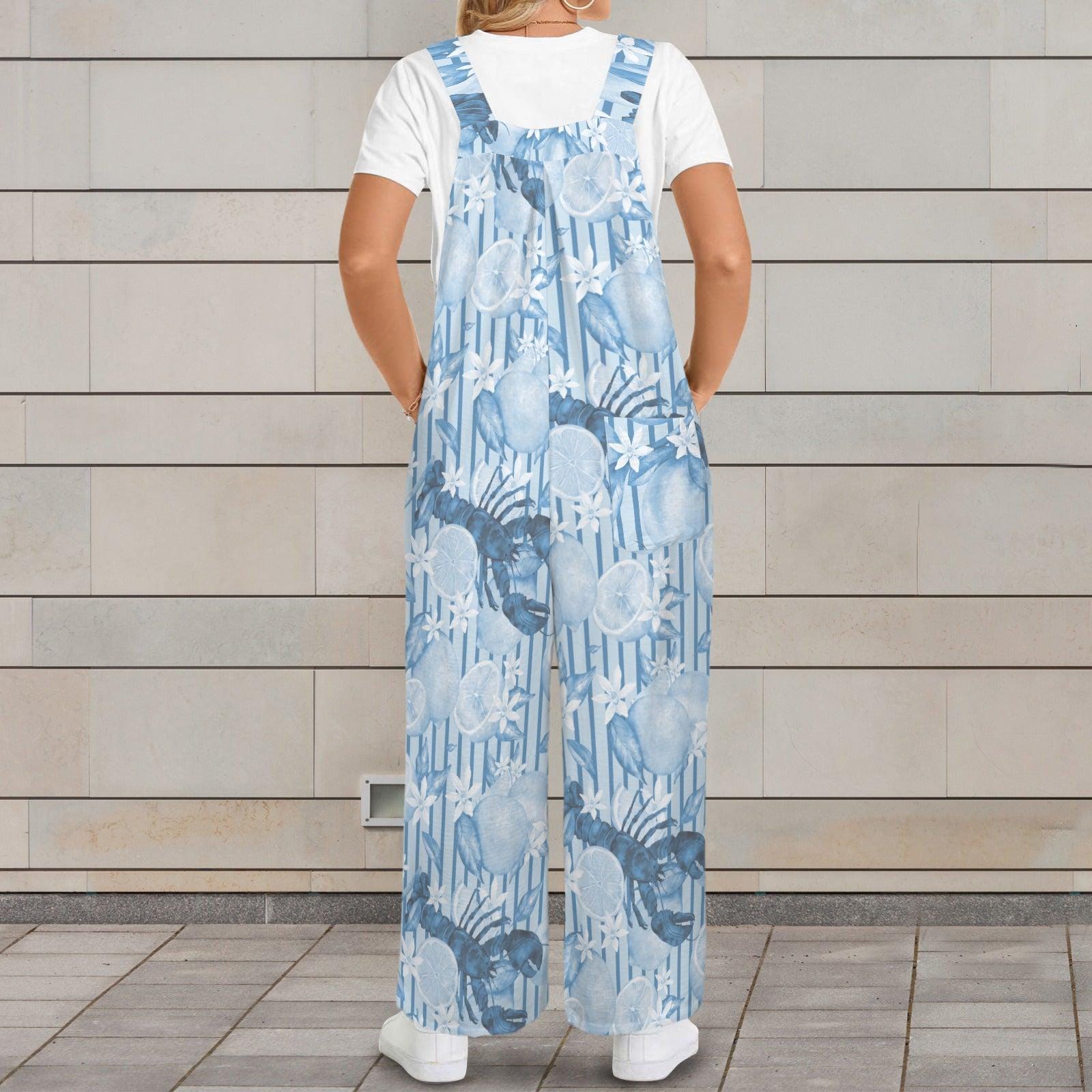 Blue Lobster Citrus Print Wide Leg Jumpsuit, Nautical Summer Romper