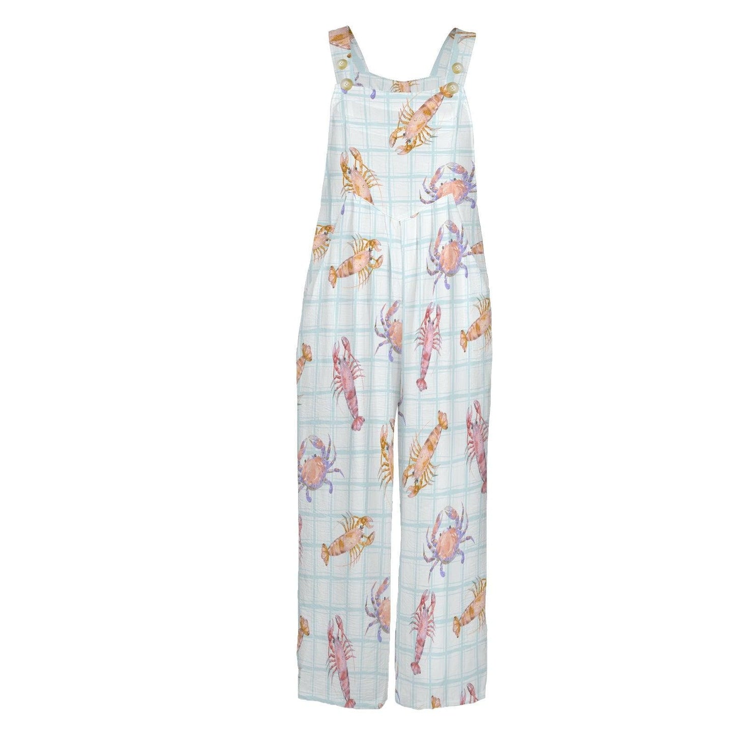 Crab Lobster Overalls, Pastel Seafood Plaid Wide Leg Romper