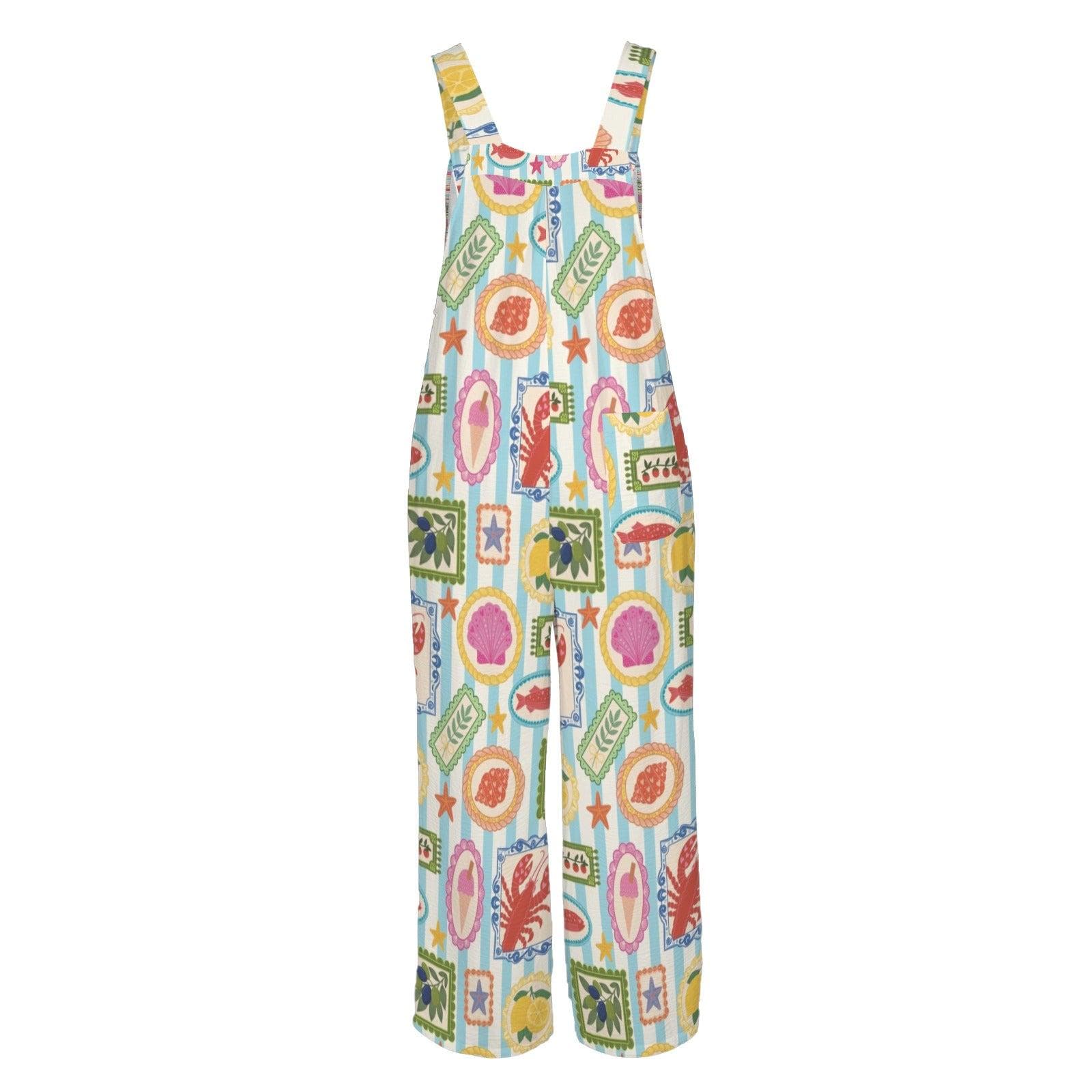 Seafood Stamp Wide Leg Jumpsuit, Colorful Coastal Vacation Romper, Lobster Lemon Shell Print
