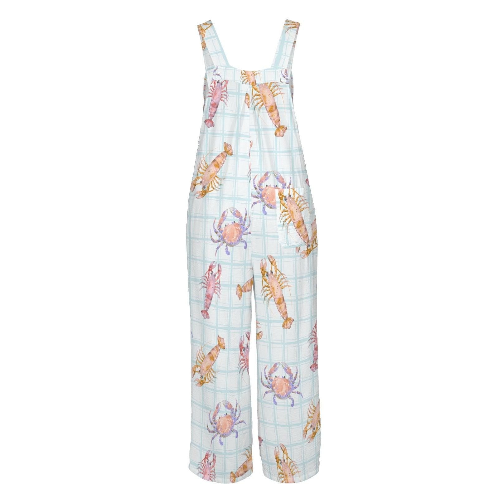 Crab Lobster Overalls, Pastel Seafood Plaid Wide Leg Romper