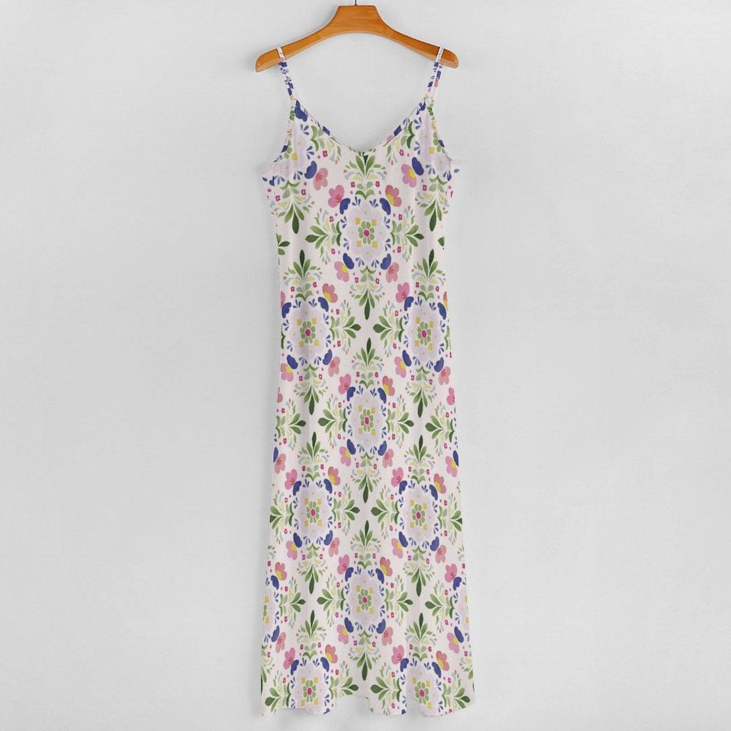 White Wildflower Floral Slip Maxi Dress, Botanical Cottagecore Beach Style