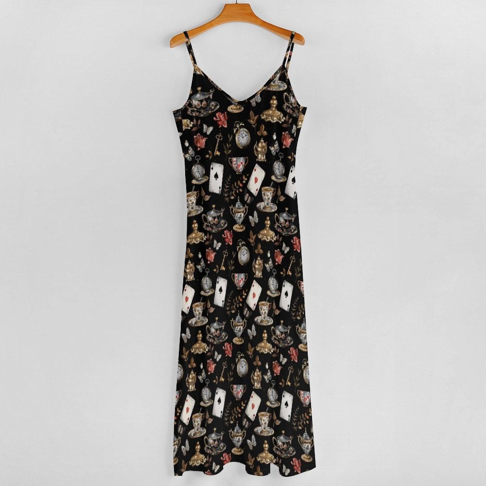 Dark Fairytale Maxi Dress, Playing Card Print, Cottagecore Sundress, Sleeveless Black Tea Party