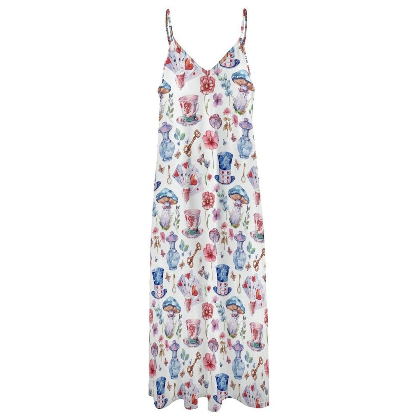 Tea Cup Print Sundress, White Strappy Maxi Dress, Cottagecore Tea Party Dress for Garden Showers Vacation and Whimsical Gifting
