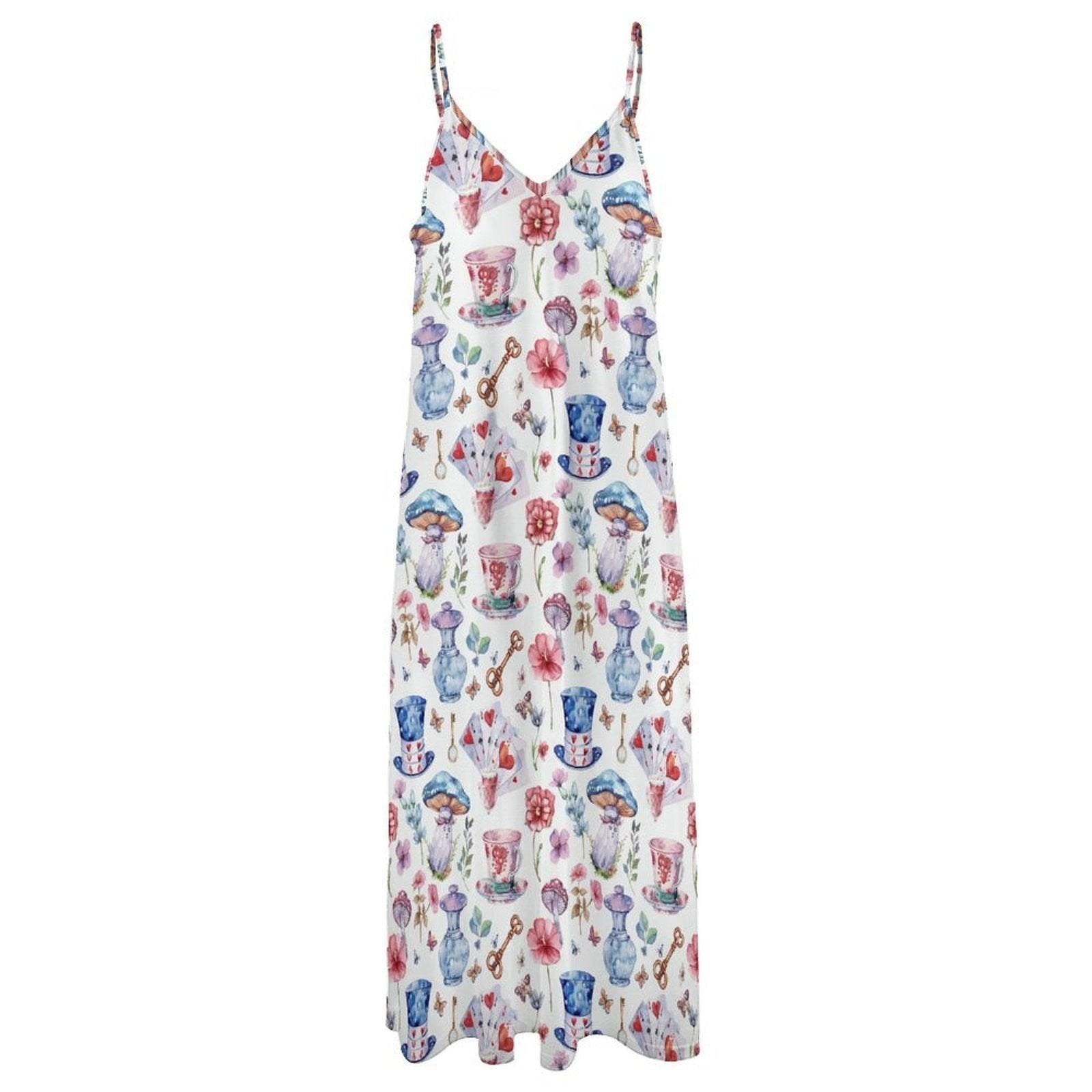 Tea Cup Print Sundress, White Strappy Maxi Dress, Cottagecore Tea Party Dress for Garden Showers Vacation and Whimsical Gifting