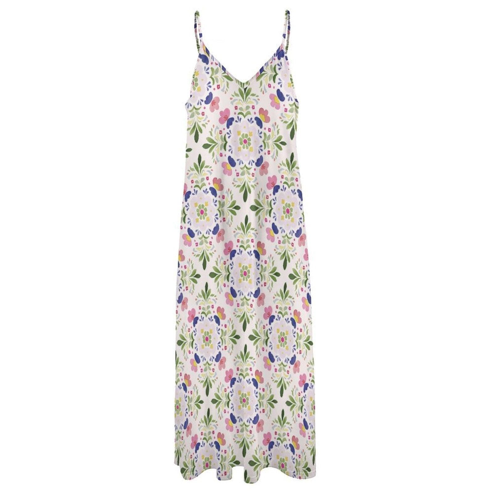 White Wildflower Floral Slip Maxi Dress, Botanical Cottagecore Beach Style