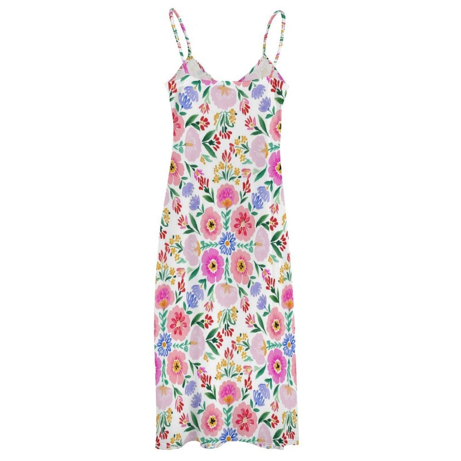 White Floral Sundress, Strappy Cottagecore Maxi Dress, Garden Print Vacation Outfit