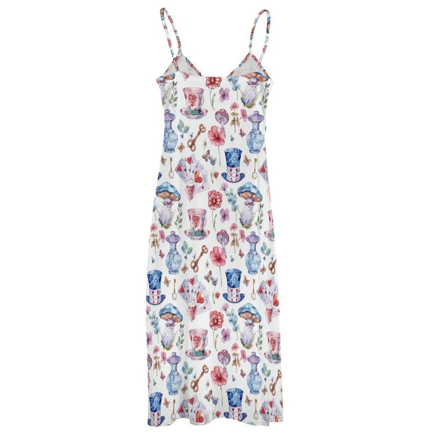 Tea Cup Print Sundress, White Strappy Maxi Dress, Cottagecore Tea Party Dress for Garden Showers Vacation and Whimsical Gifting