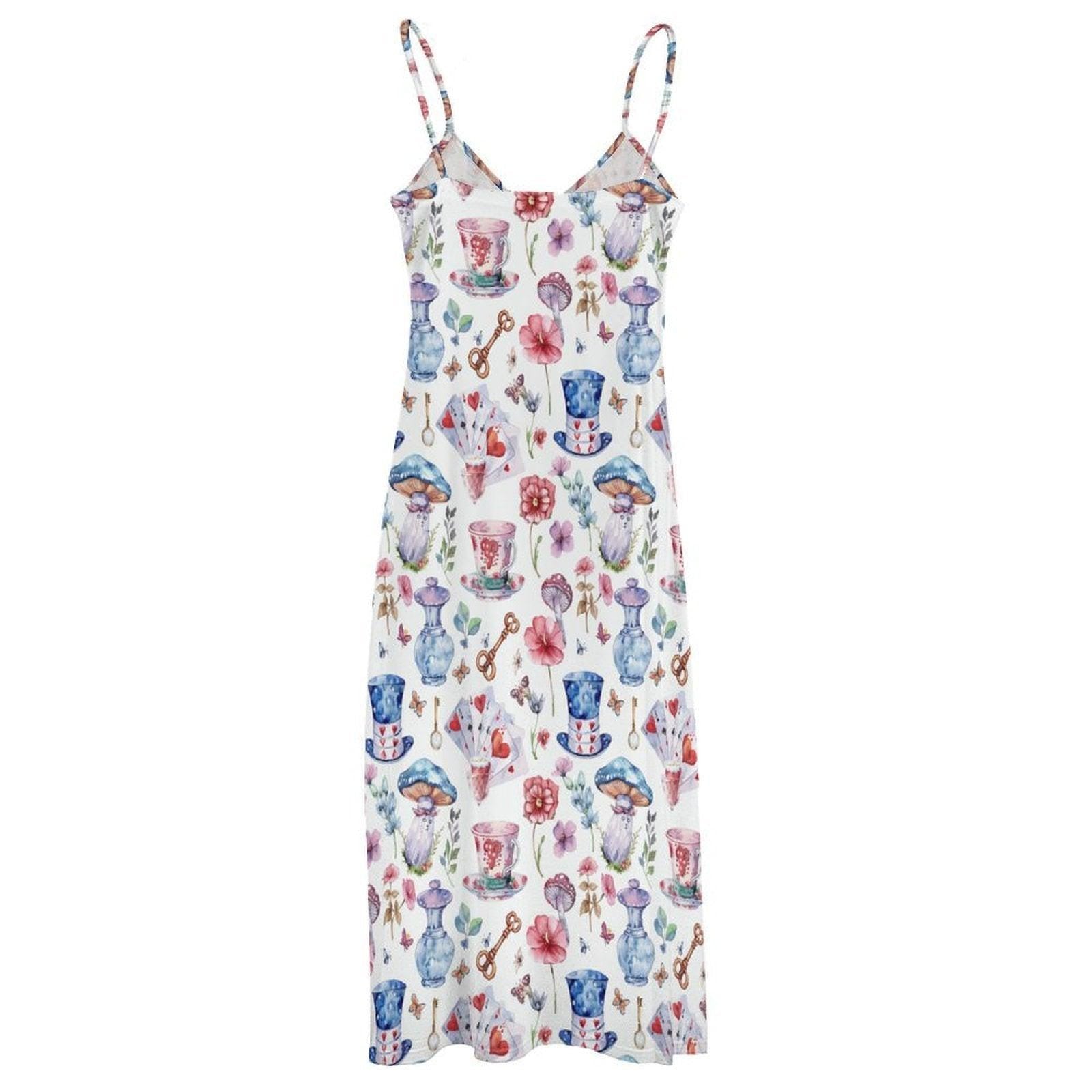 Tea Cup Print Sundress, White Strappy Maxi Dress, Cottagecore Tea Party Dress for Garden Showers Vacation and Whimsical Gifting