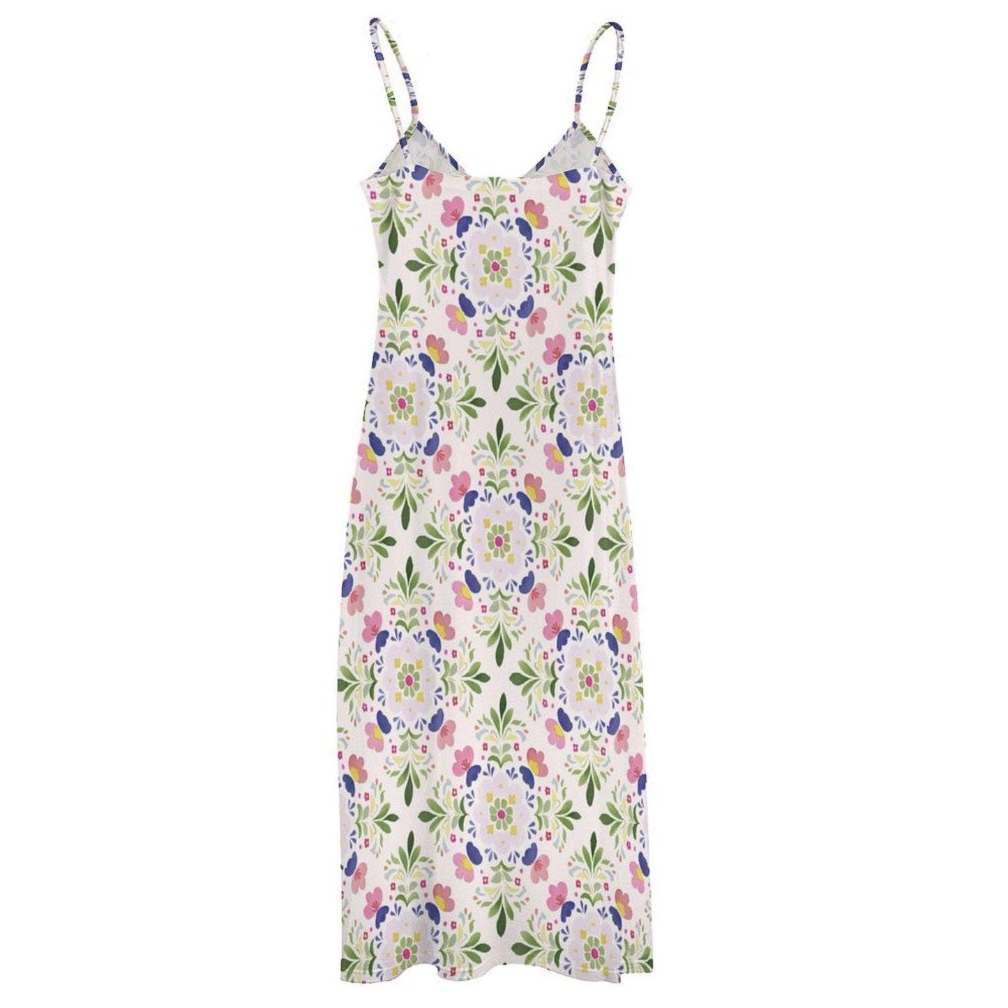 White Wildflower Floral Slip Maxi Dress, Botanical Cottagecore Beach Style