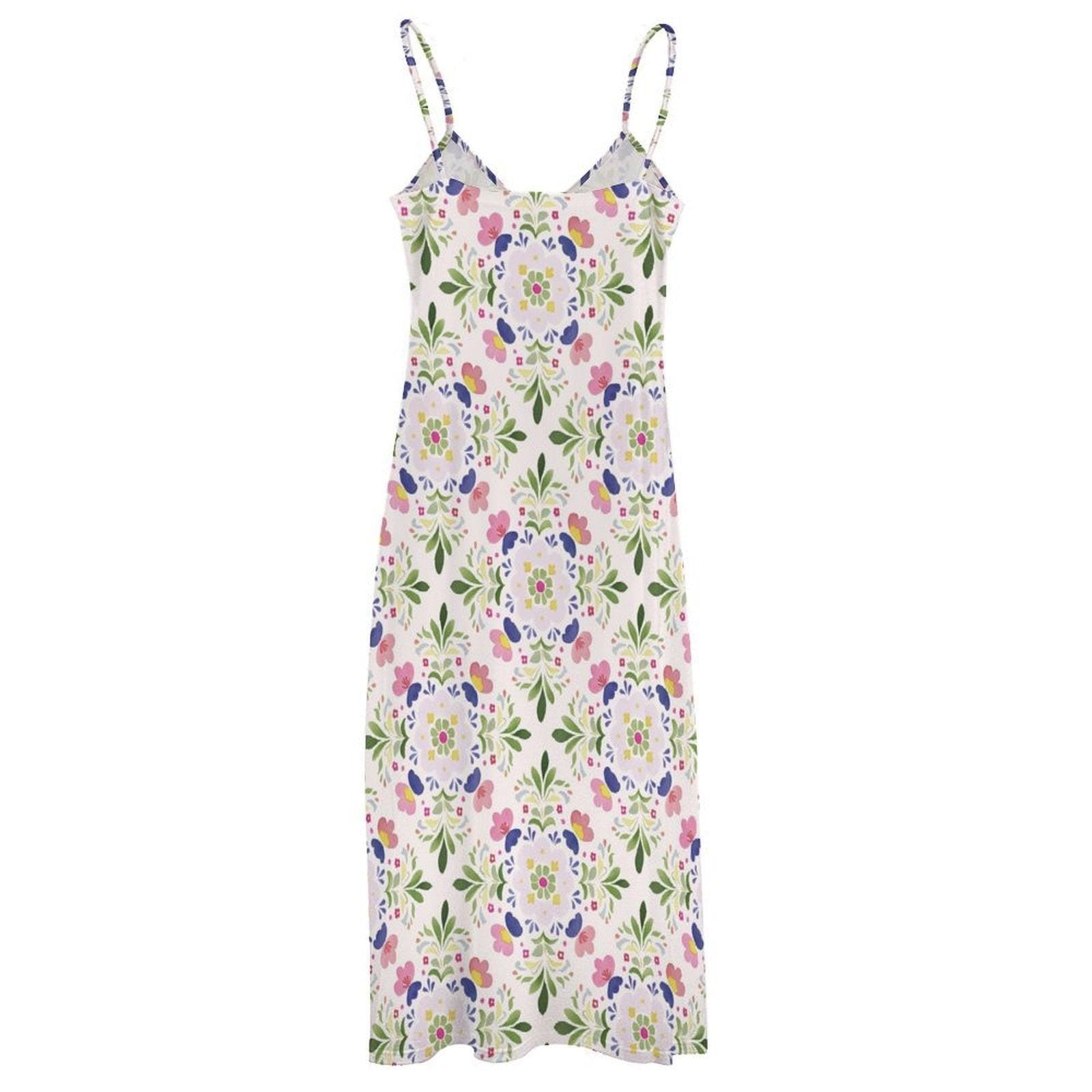 White Wildflower Floral Slip Maxi Dress, Botanical Cottagecore Beach Style