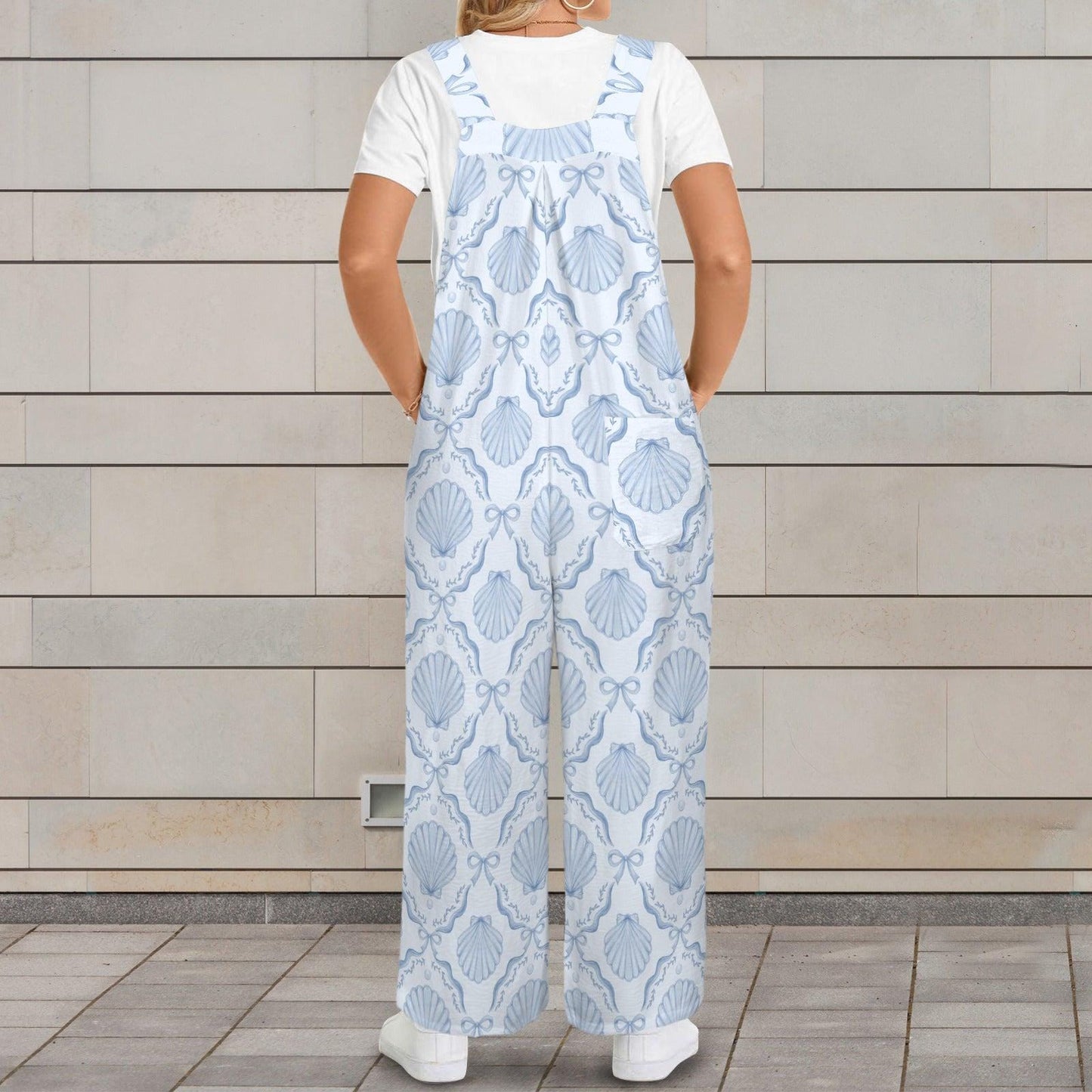 Blue Seashell Wide Leg Jumpsuit, Nautical Beach Resort One Piece