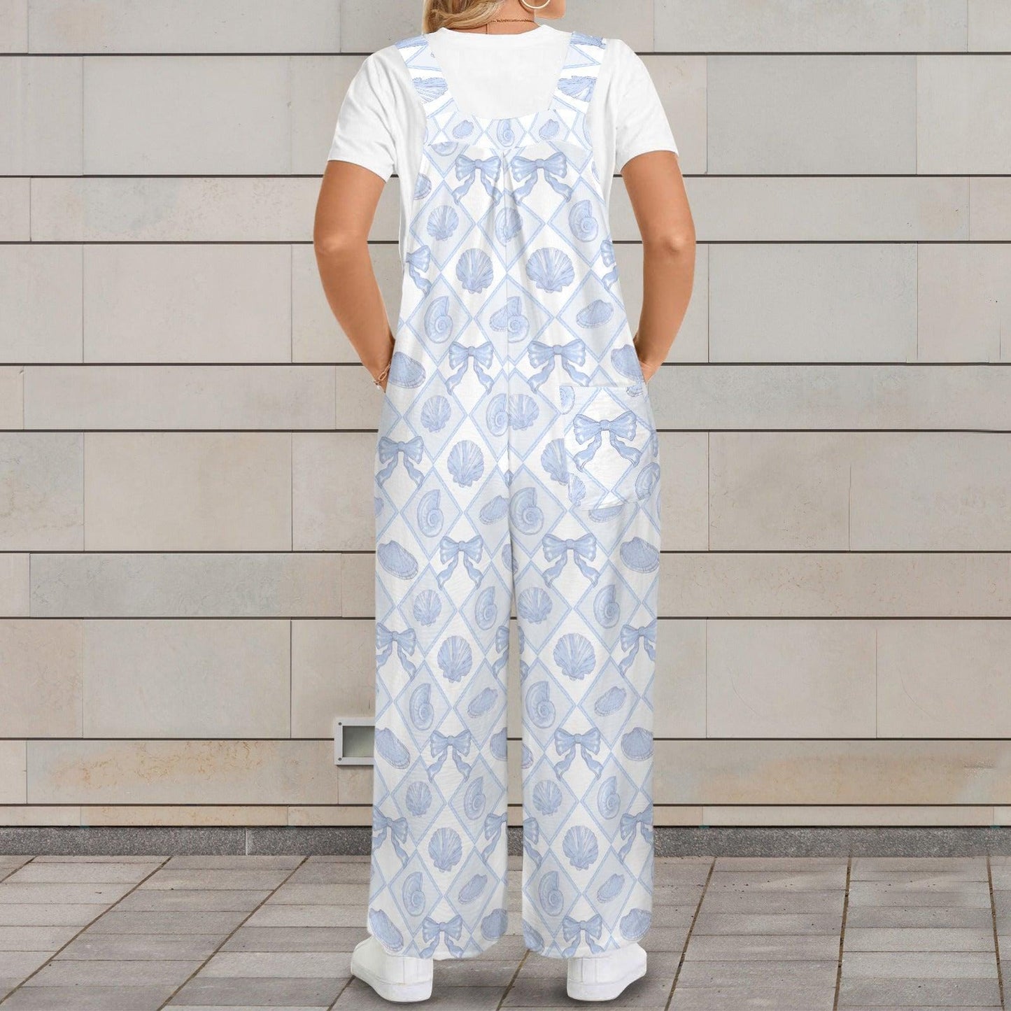 Seashell Print Wide Leg Jumpsuit, Blue Coastal Beach Romper