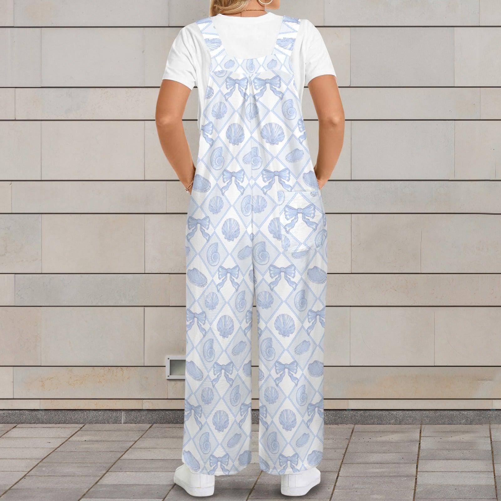 Seashell Print Wide Leg Jumpsuit, Blue Coastal Beach Romper