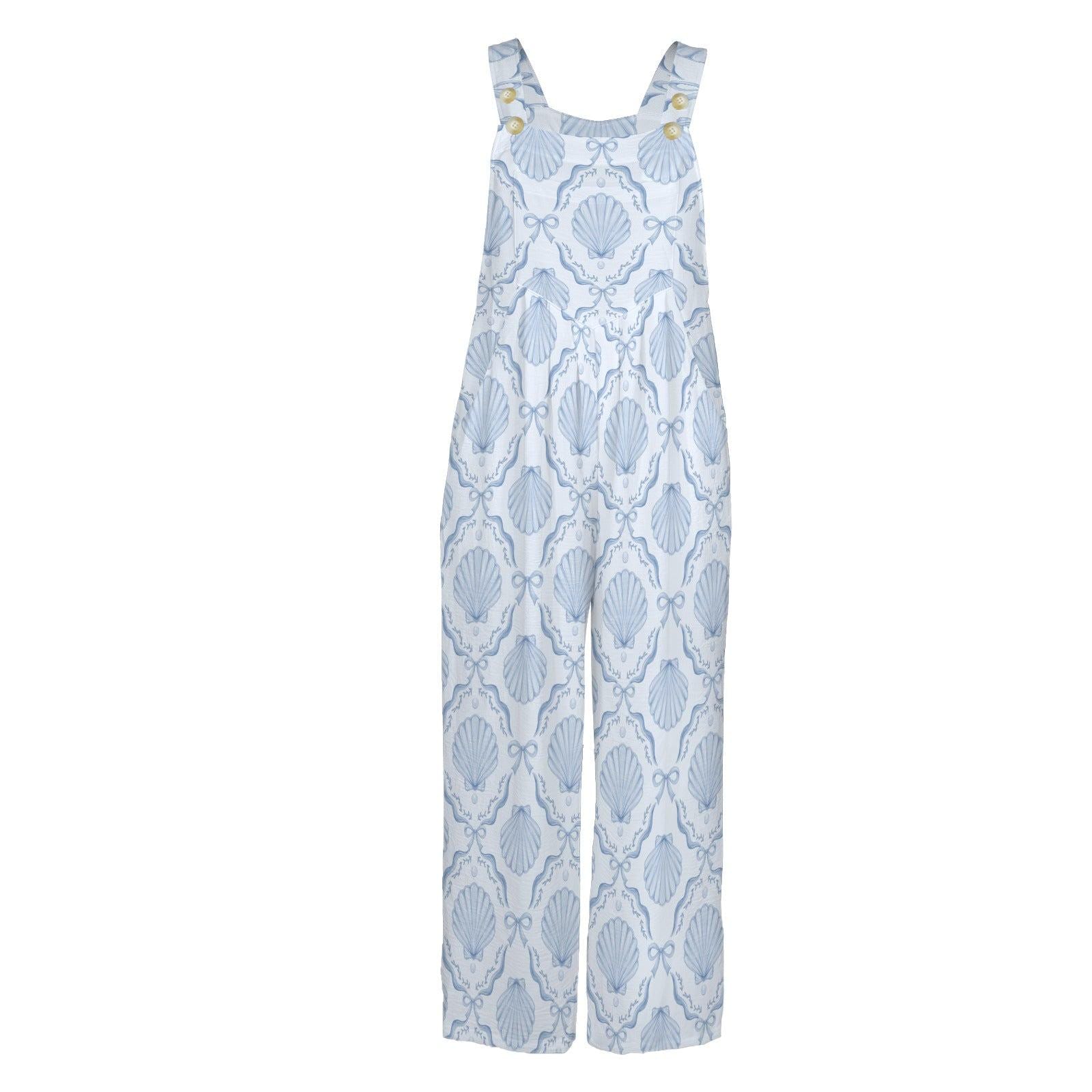 Blue Seashell Wide Leg Jumpsuit, Nautical Beach Resort One Piece