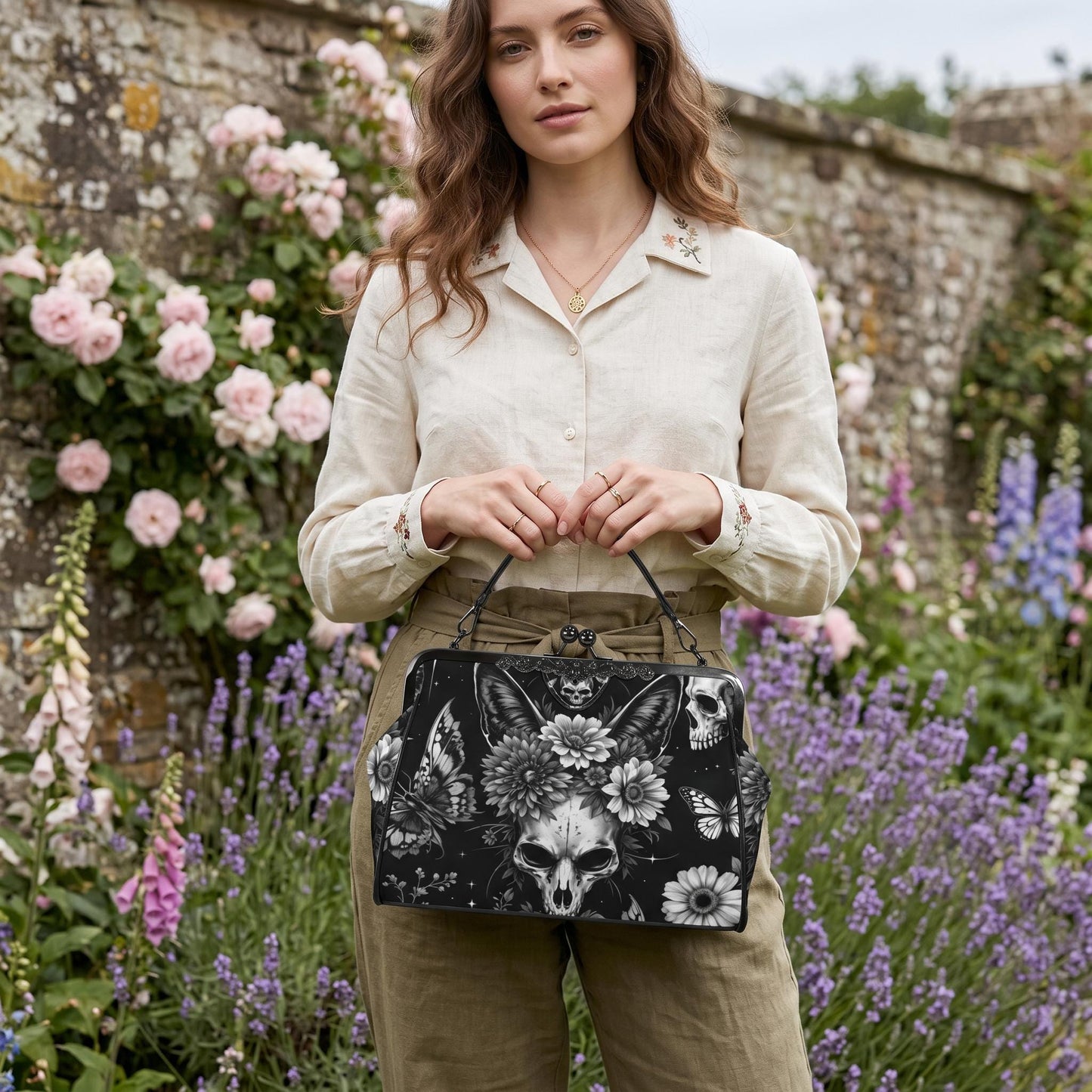 Skull Butterfly Kisslock Bag, Gothic Floral Purse, Fairycore Dark Accessories, Alt Fashion Handbag