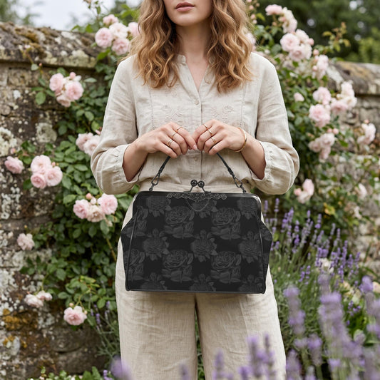 Black Rose Kisslock Bag, Dark Floral Vintage Handbag, Elegant Top Handle Evening Purse