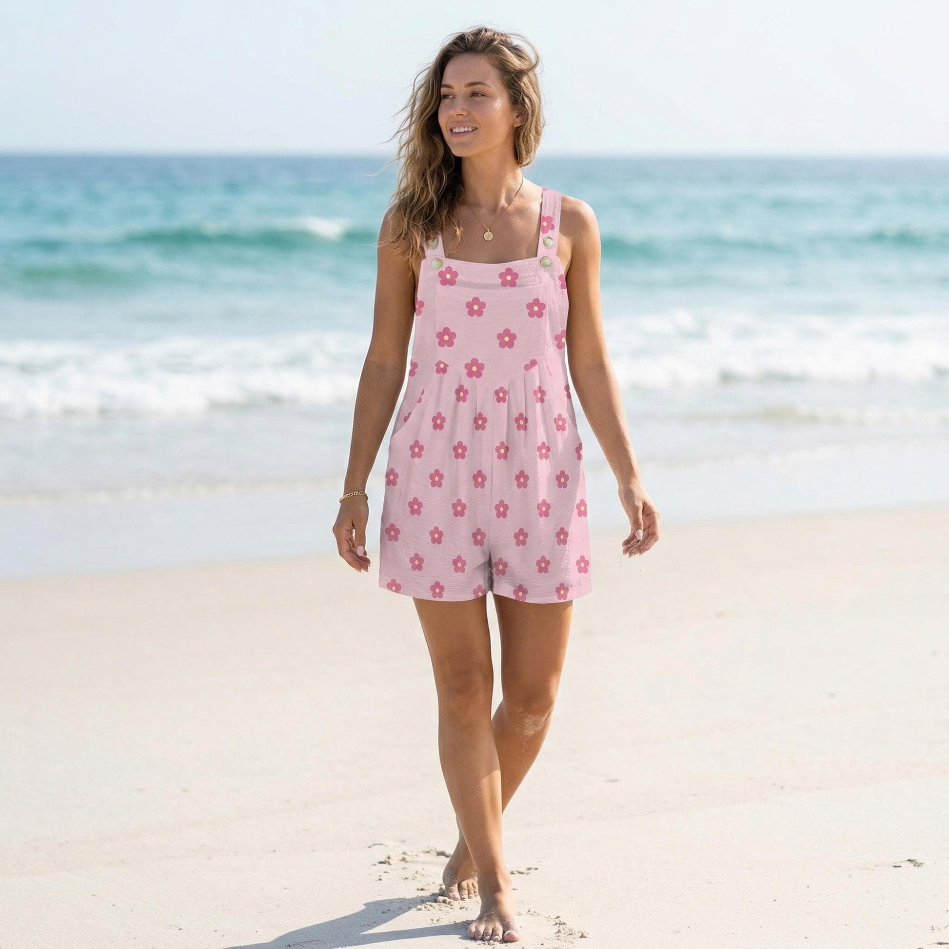 Pink Daisy Floral Romper, Women's Shortalls Summer Playsuit, Cottagecore Vacation Outfit