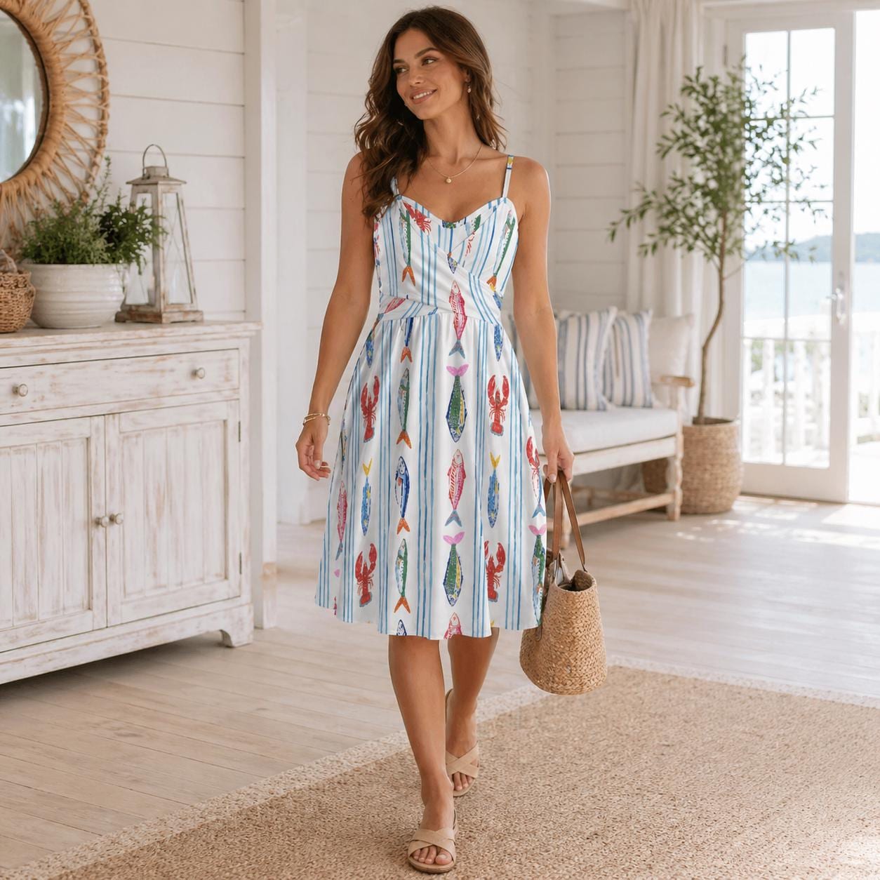 Nautical Fish Print Sundress, Striped Sweetheart Neckline Beach Dress