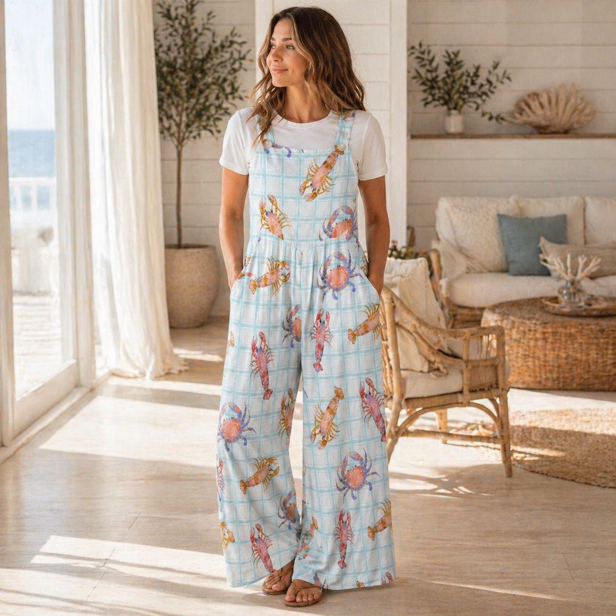 Crab Lobster Overalls, Pastel Seafood Plaid Wide Leg Romper