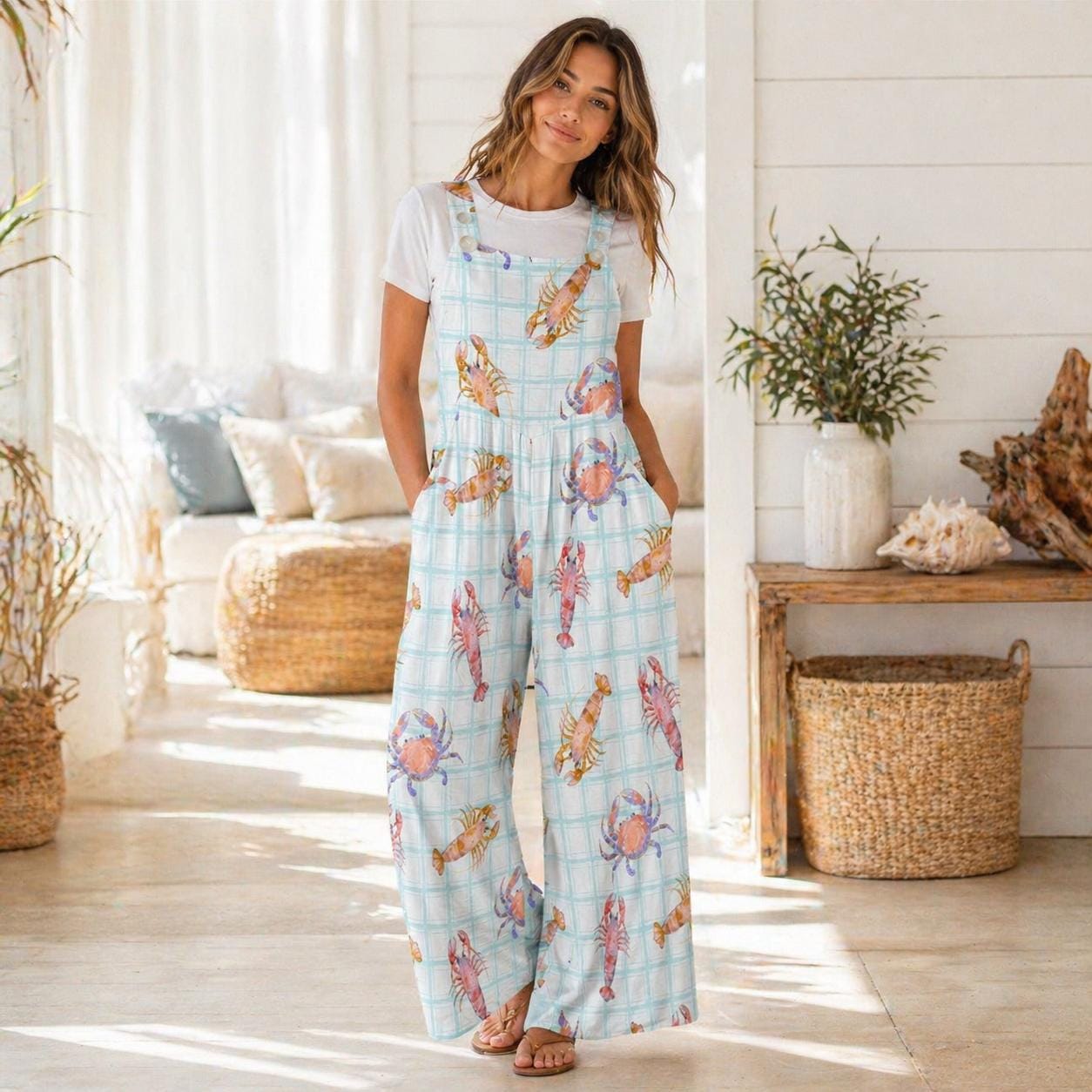 Crab Lobster Overalls, Pastel Seafood Plaid Wide Leg Romper