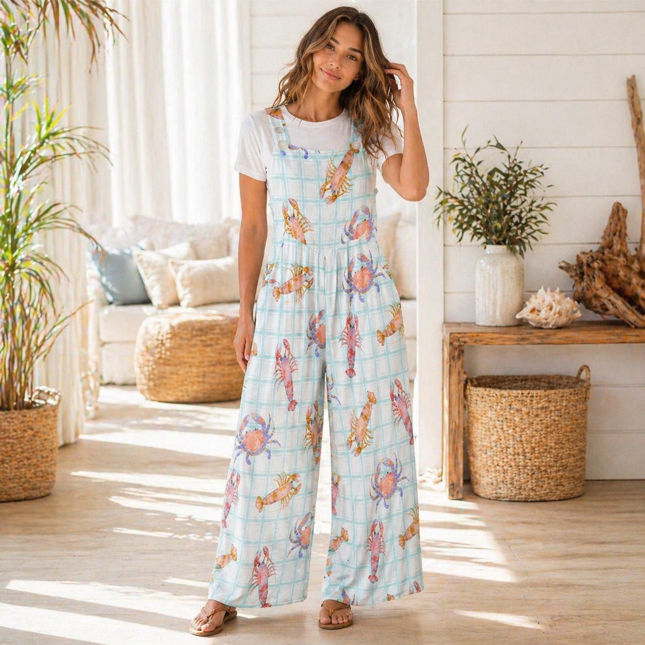 Crab Lobster Overalls, Pastel Seafood Plaid Wide Leg Romper