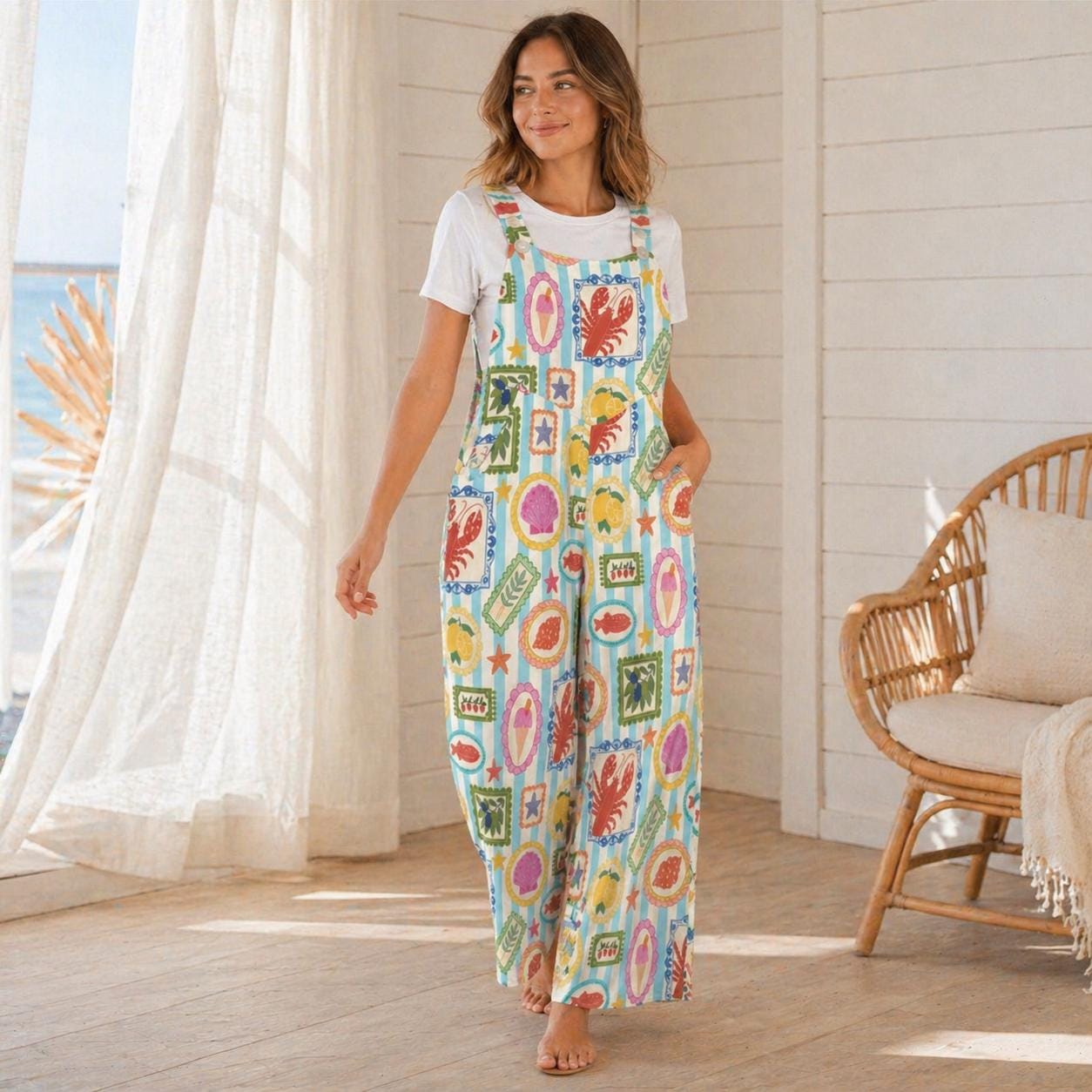 Seafood Stamp Wide Leg Jumpsuit, Colorful Coastal Vacation Romper, Lobster Lemon Shell Print