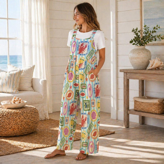 Seafood Stamp Wide Leg Jumpsuit, Colorful Coastal Vacation Romper, Lobster Lemon Shell Print