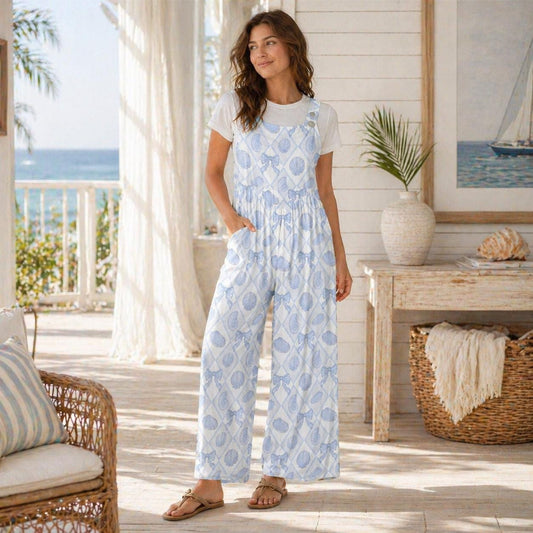 Seashell Print Wide Leg Jumpsuit, Blue Coastal Beach Romper